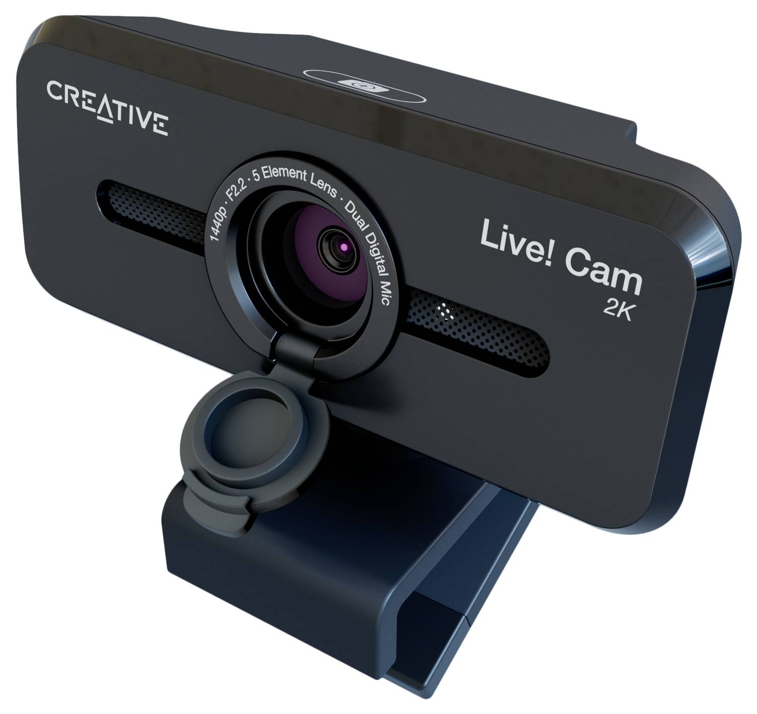 Čierna webkamera s nápisom 'Live! Cam 2K' a 'CREATIVE', ktorá obsahuje duálny digitálny mikrofón a 2,5-prvkový objektív.