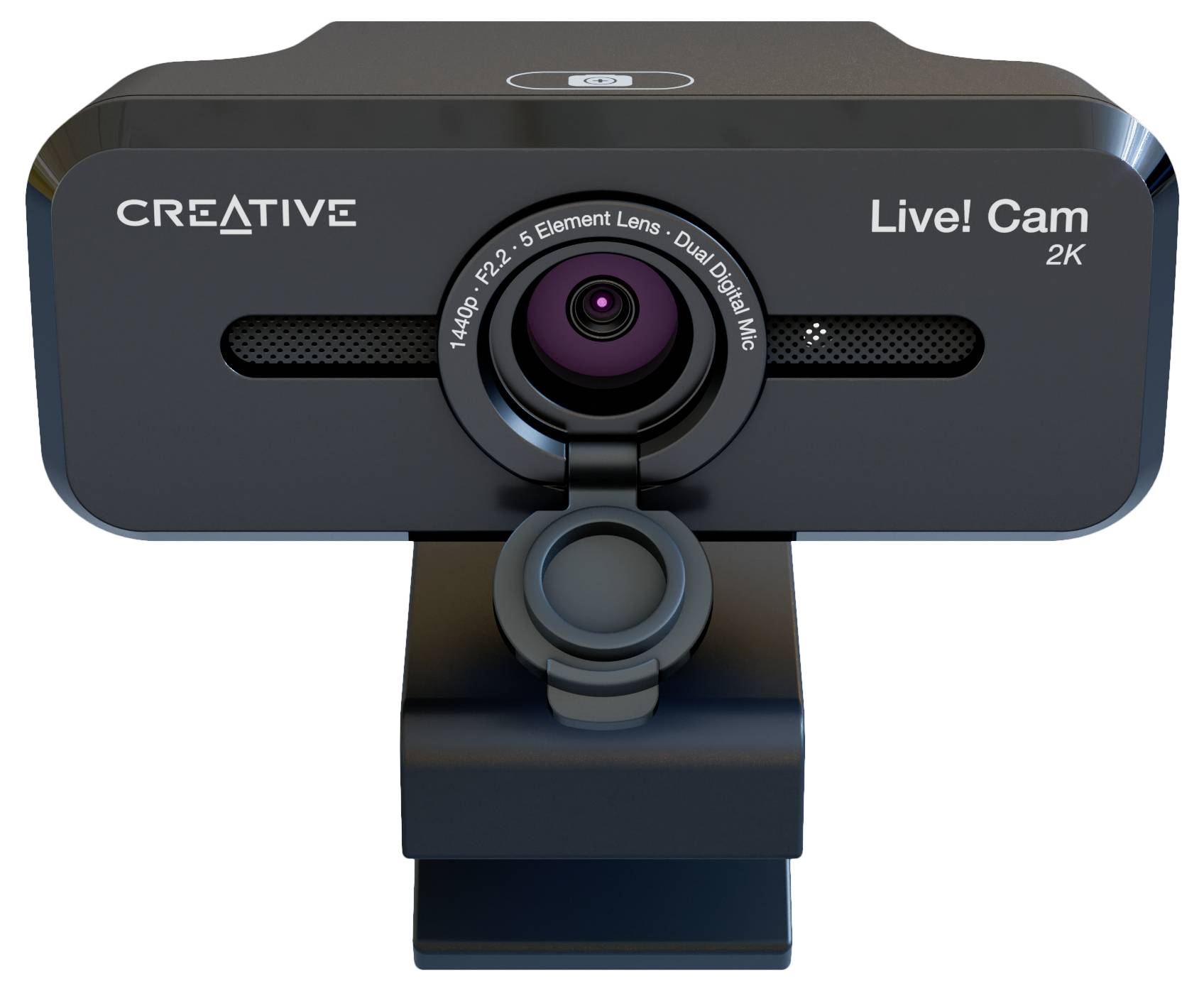 Čierna webkamera s nápisom 'Creative' a 'Live! Cam 2K', vybavená 2K objektívom a duálnym mikrofónom.