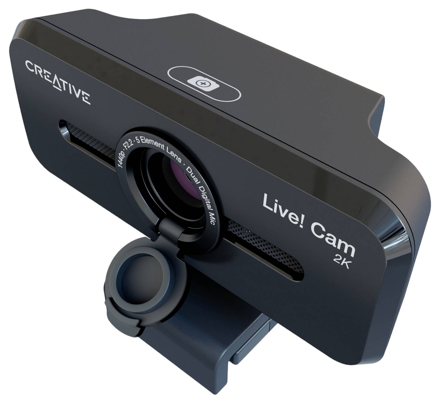 Čierna webkamera s nápisom 'Live! Cam 2K'. Obsahuje 2K objektív a vstavaný mikrofón. Model od spoločnosti Creative.