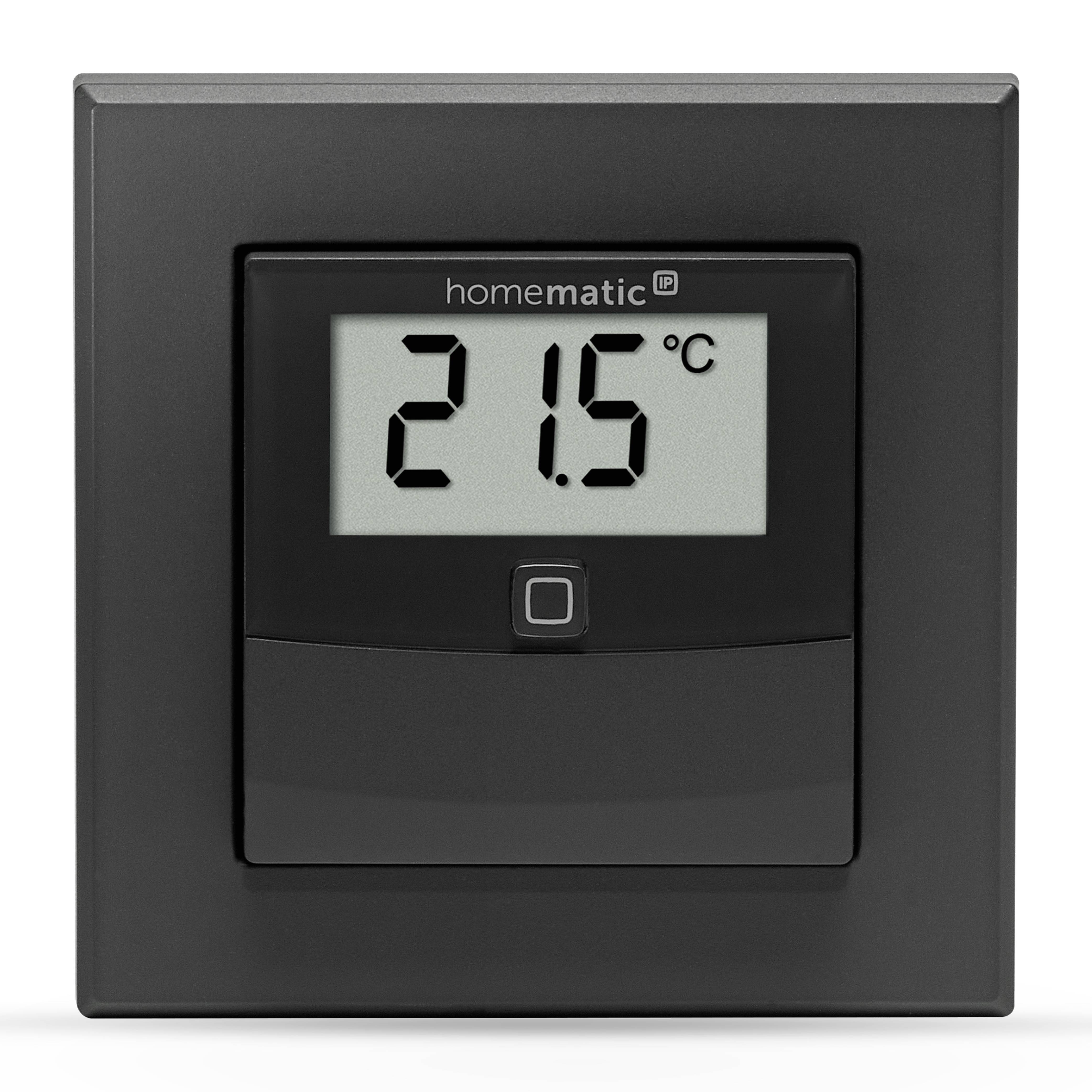 Čierne digitálne termostat s displejom zobrazuje '21,5°C'. Aktivovaný automatický režim. Rám zariadenia z tmavého plastu.
