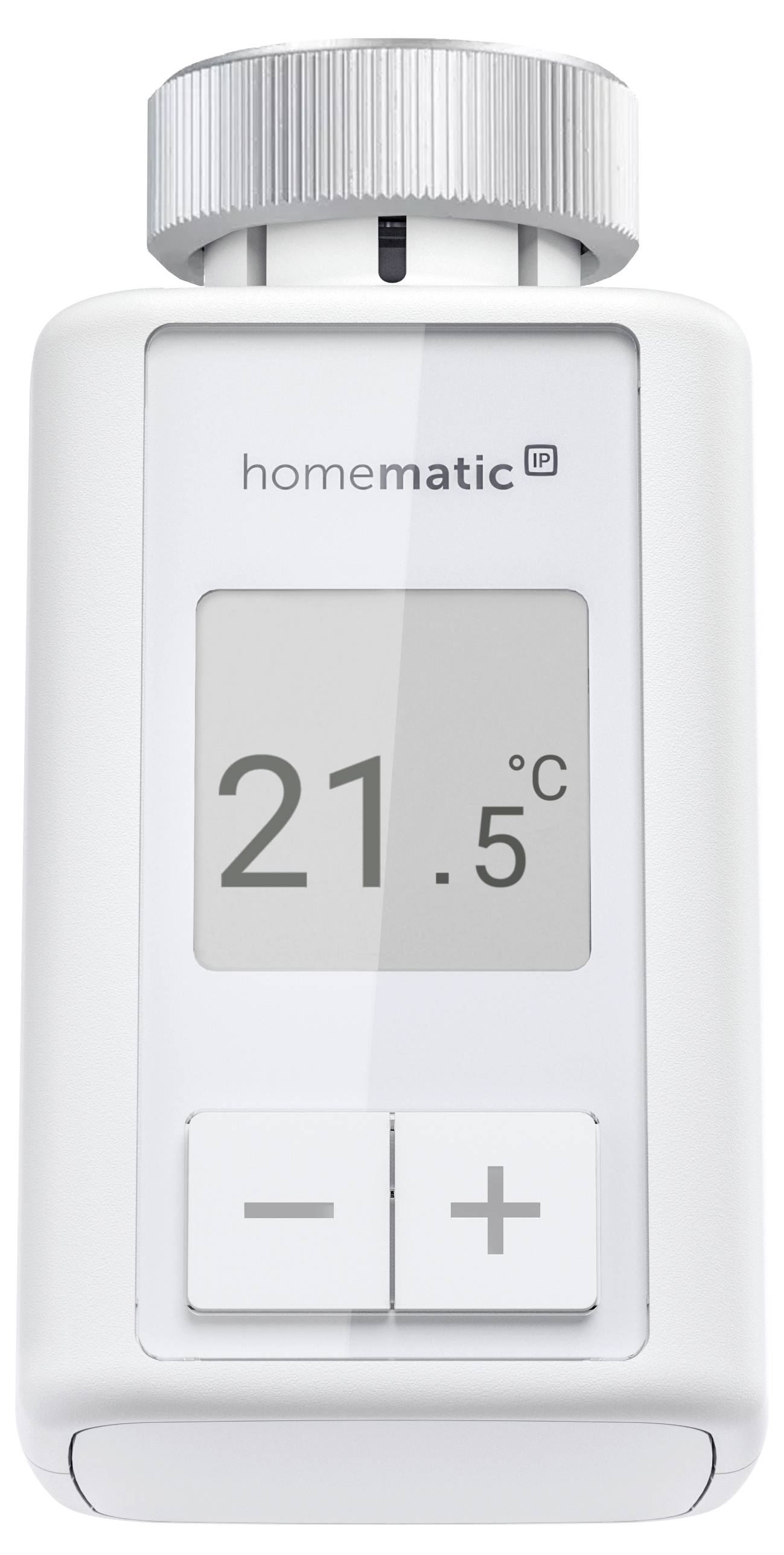Termostatické zariadenie s displejom zobrazuje '21,5 °C'. Označené ako 'homematic IP'. Tlačidlá plus a mínus na reguláciu teploty.