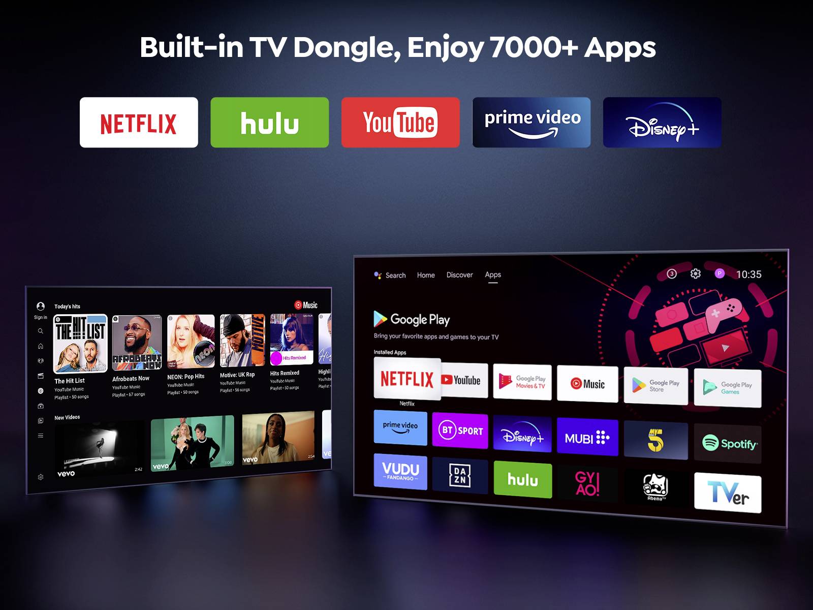 TV-dongel s viac ako 7000 aplikáciami ako Netflix, Hulu, YouTube, Prime Video a Disney+. Zobrazuje rozhranie Google Play na dvoch obrazovkách.