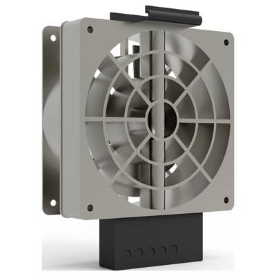 Strieborný elektronický chladiaci prístroj s ventilátorom, ktorý sa montuje na stenu. Slúži na chladenie technických zariadení.