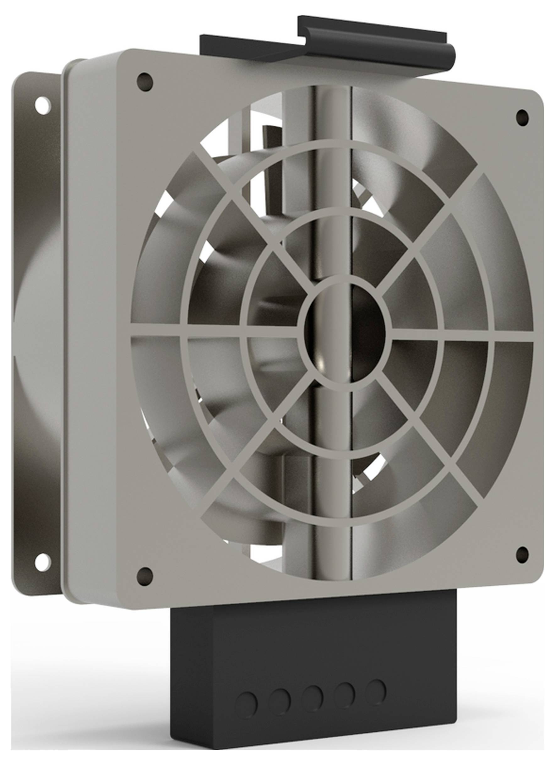 Obdĺžnikový sivý ventilátor s ochranným krytom a čiernou montážnou konzolou, navrhnutý pre priemyselné ventilačné systémy.