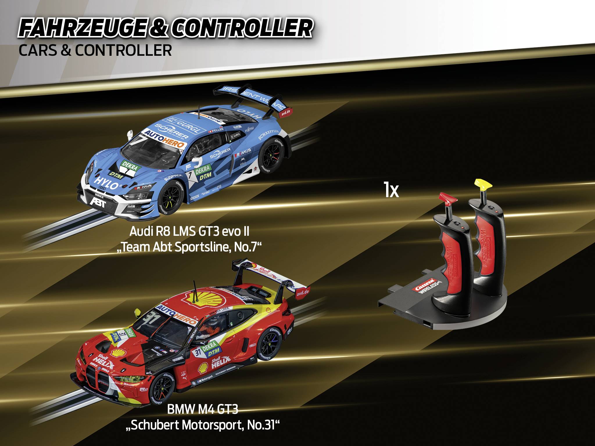 Obrázok znázorňuje dva modely pretekárskych áut, Audi R8 LMS GT3 evo II a BMW M4 GT3, vrátane príslušného ovládača.