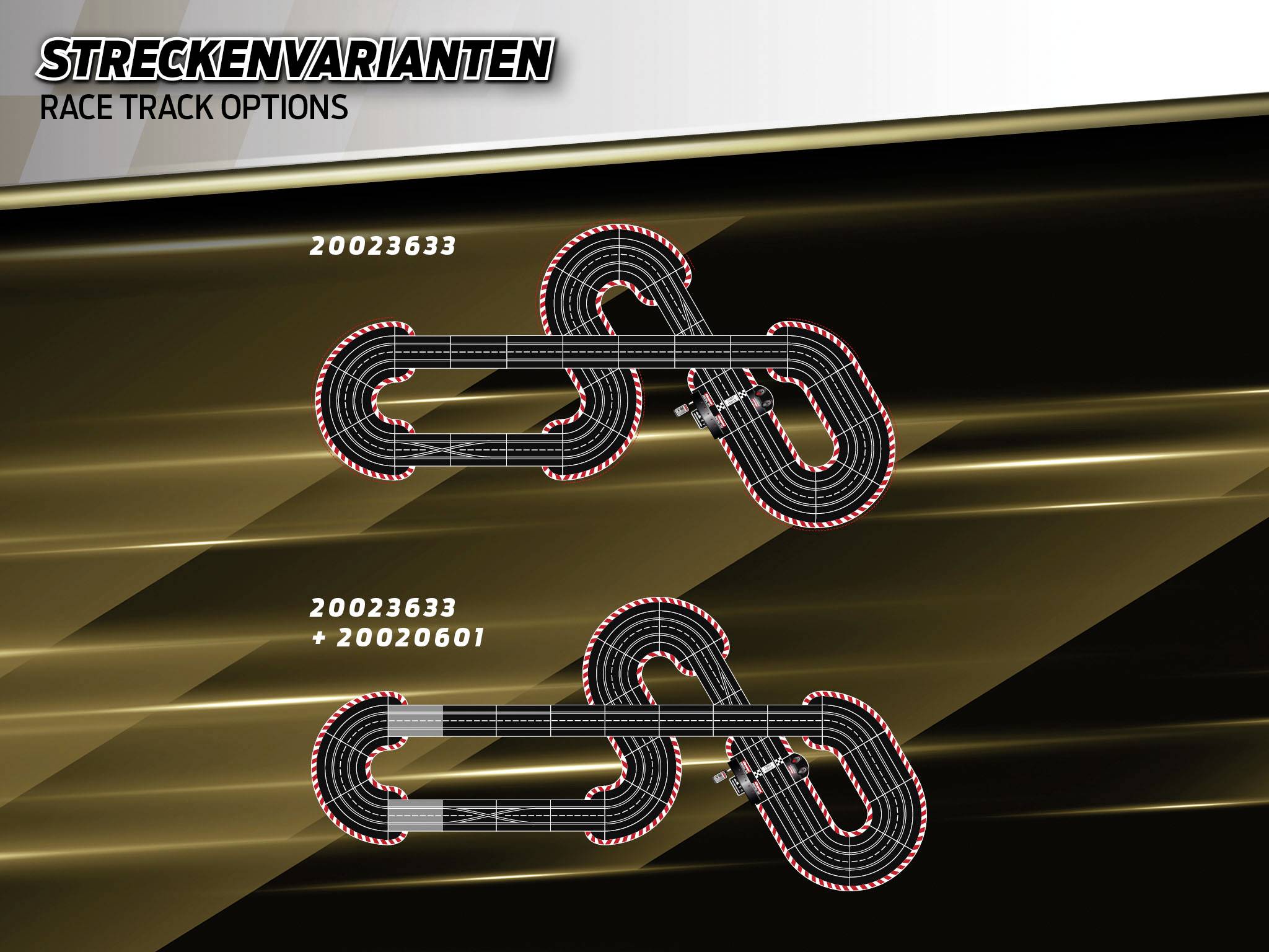 Dve verzie layoutu pretekárskej dráhy s označením 'Varianty trate: Race Track Options'. Hore jednoduché rozloženie, dole kombinované.