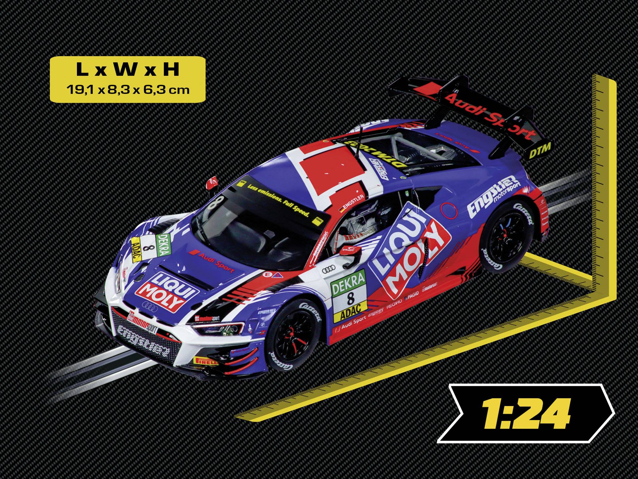 Pretekárske auto v mierke 1:24 s výraznými logami sponzorov a farebnou kombináciou modrej, červenej a bielej farby. Rozmery: 19,1 x 8,3 x 6,3 cm.