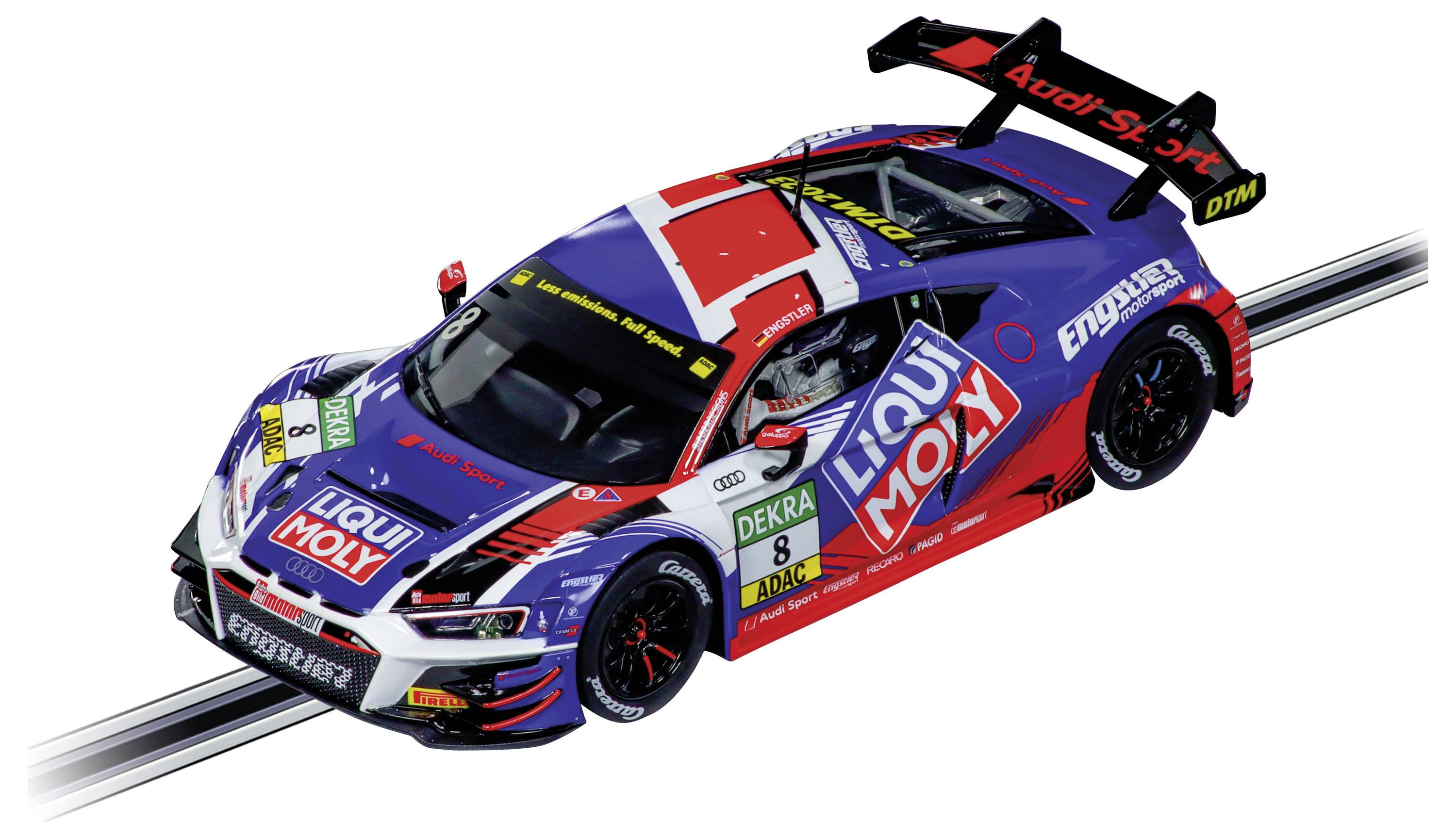 Farebne maľovaný pretekársky automobil s nápisom 'LIQUI MOLY', zadným krídlom a štartovným číslom 8 na kapote jazdí po pretekárskej trati.