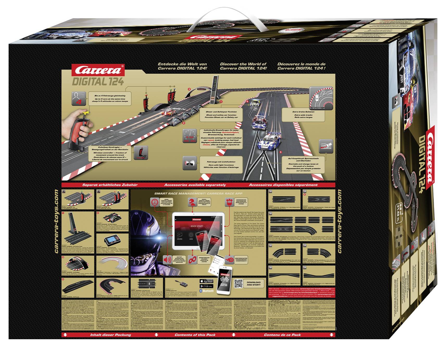 Carrera DIGITAL 124 súprava pretekárskej dráhy v balení so znázornením trasovania trate, ovládačov a príslušenstva; návody v nemčine, angličtine a francúzštine.
