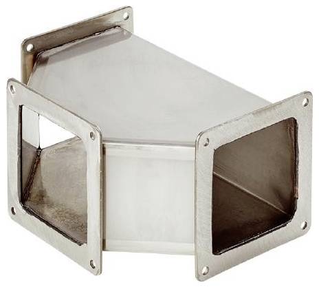 Obdĺžnikové kovové potrubie so štvorcovým prierezom a skoseným koncom, vhodné pre priemyselné ventilačné systémy.