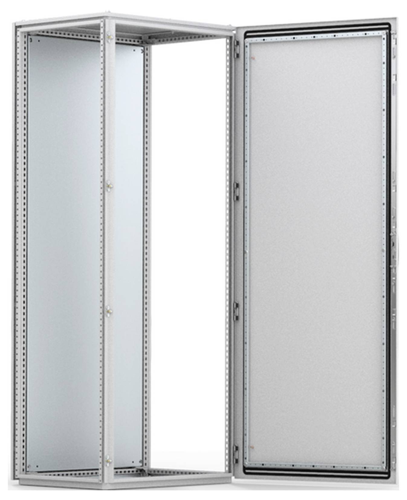 Otvorená, prázdna kovová skriňa s pántovými dverami, vhodná na uskladnenie technických zariadení alebo kabeláže.