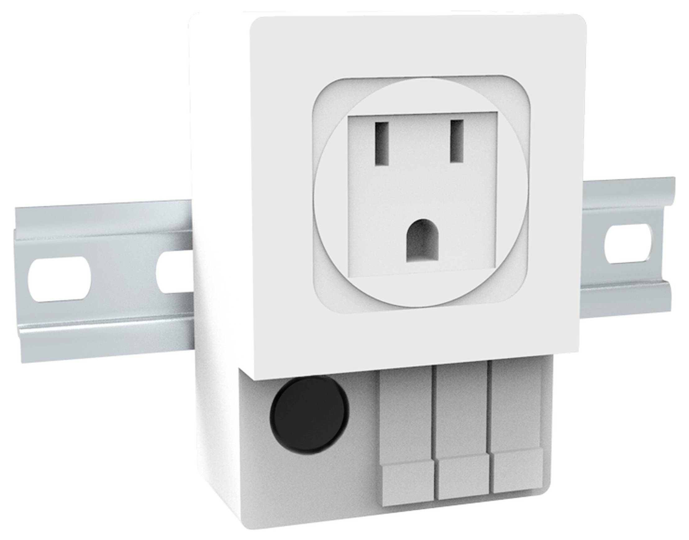 Elektrický adaptér na DIN lištu, s elektrickou zásuvkou a vypínačom. Biely kryt, vhodný pre priemyselné použitie.