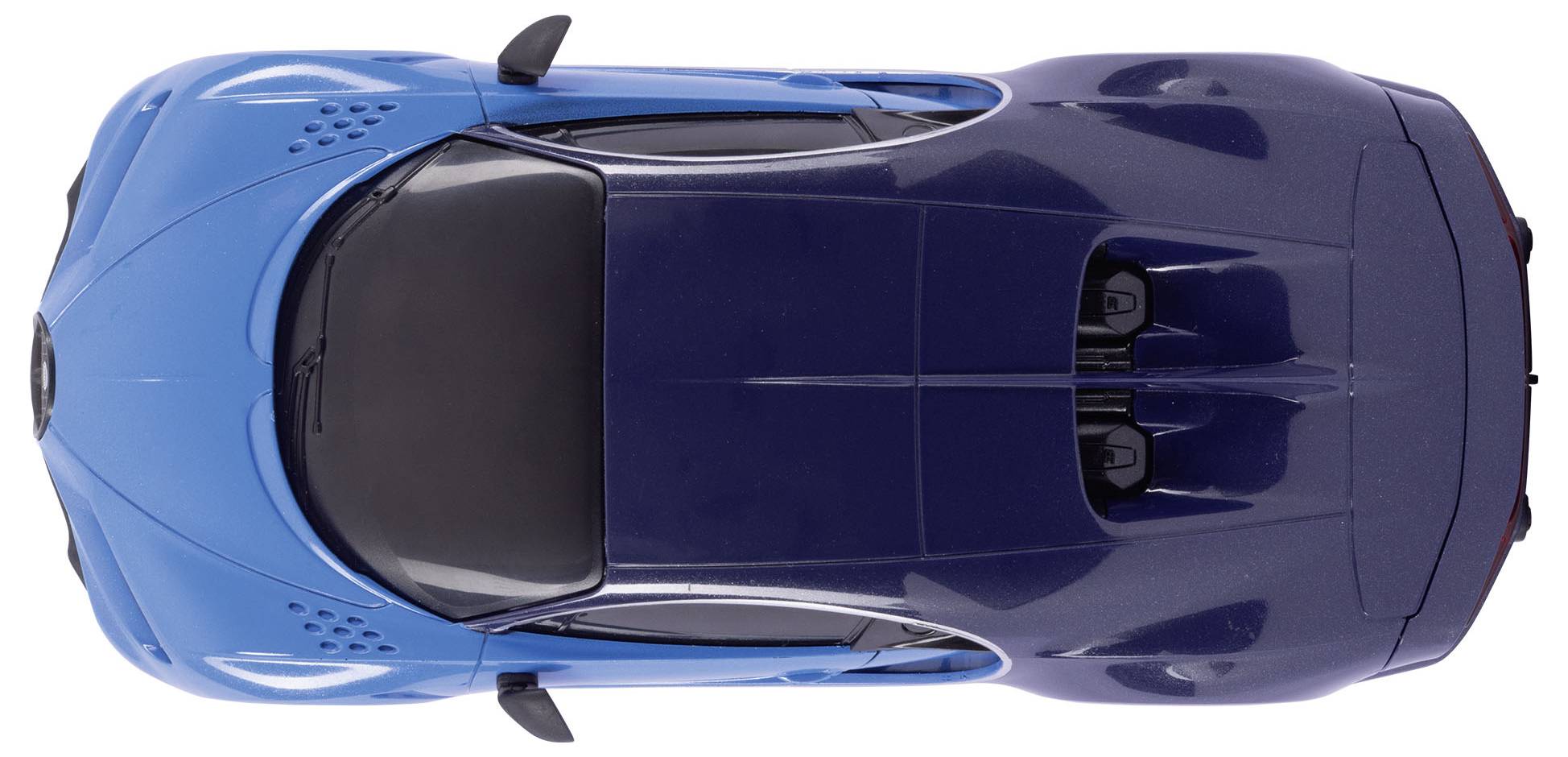 Modrý športový automobil z vtáčej perspektívy; dôraz na aerodynamický dizajn a tvar karosérie.