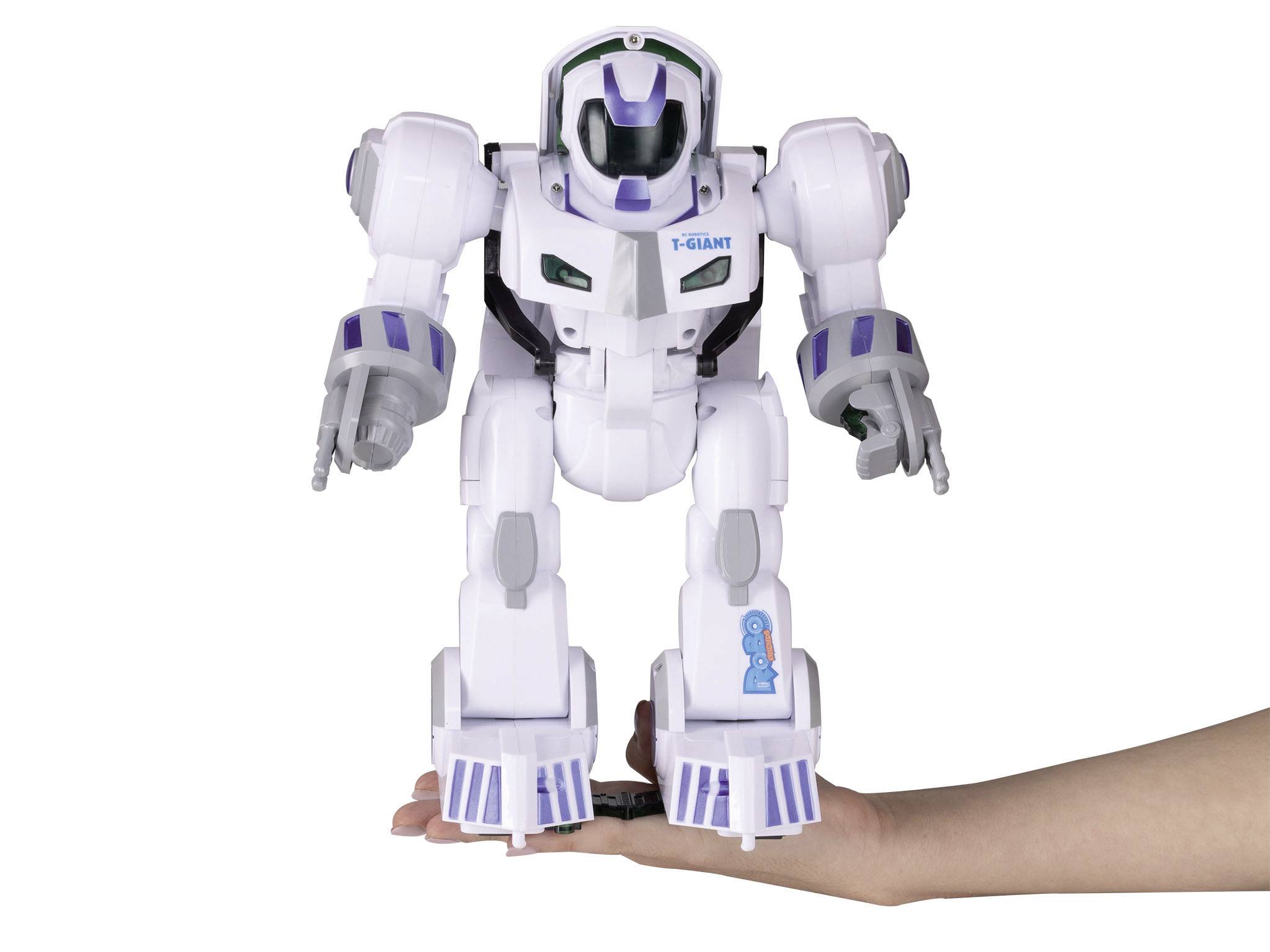 Biely robot s fialovými akcentmi stojí na natiahnutej dlani. Robot vykazuje ľudskou podobné znaky, s rozpoznávacími senzormi.