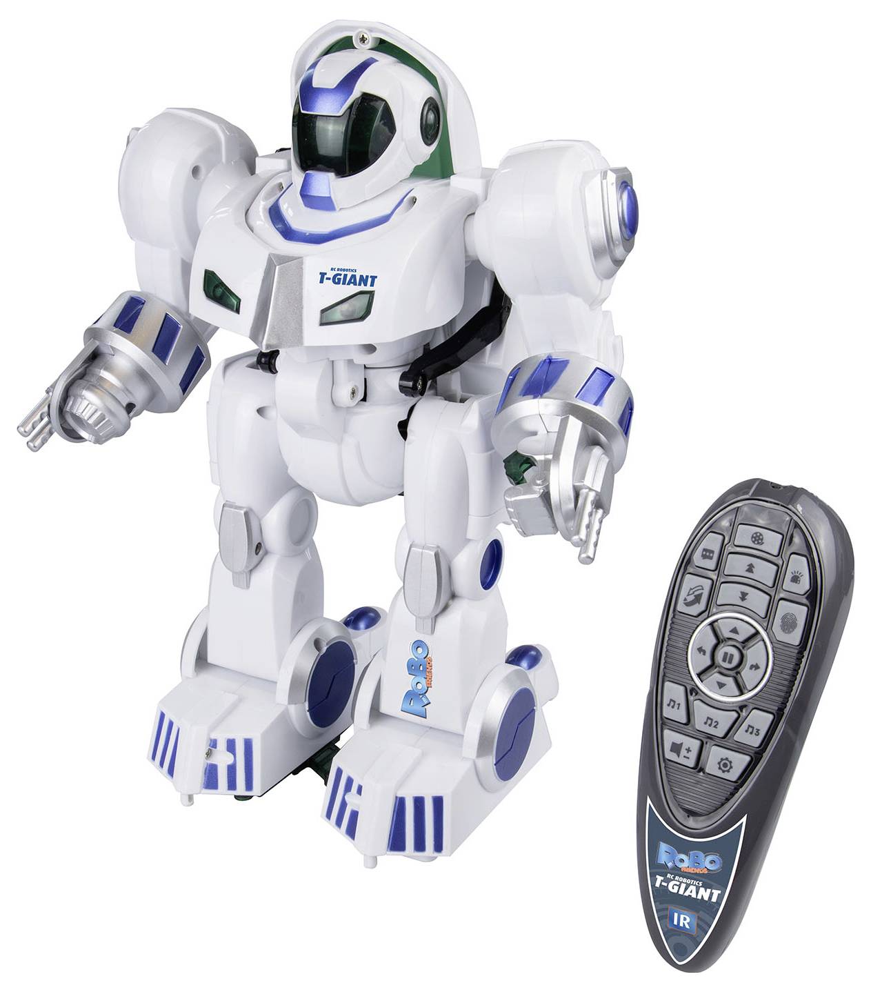 Biely a modrý hračkársky robot stojí vedľa čierneho diaľkového ovládača. Robot má na sebe nápis 'Robot F-GIANT'.