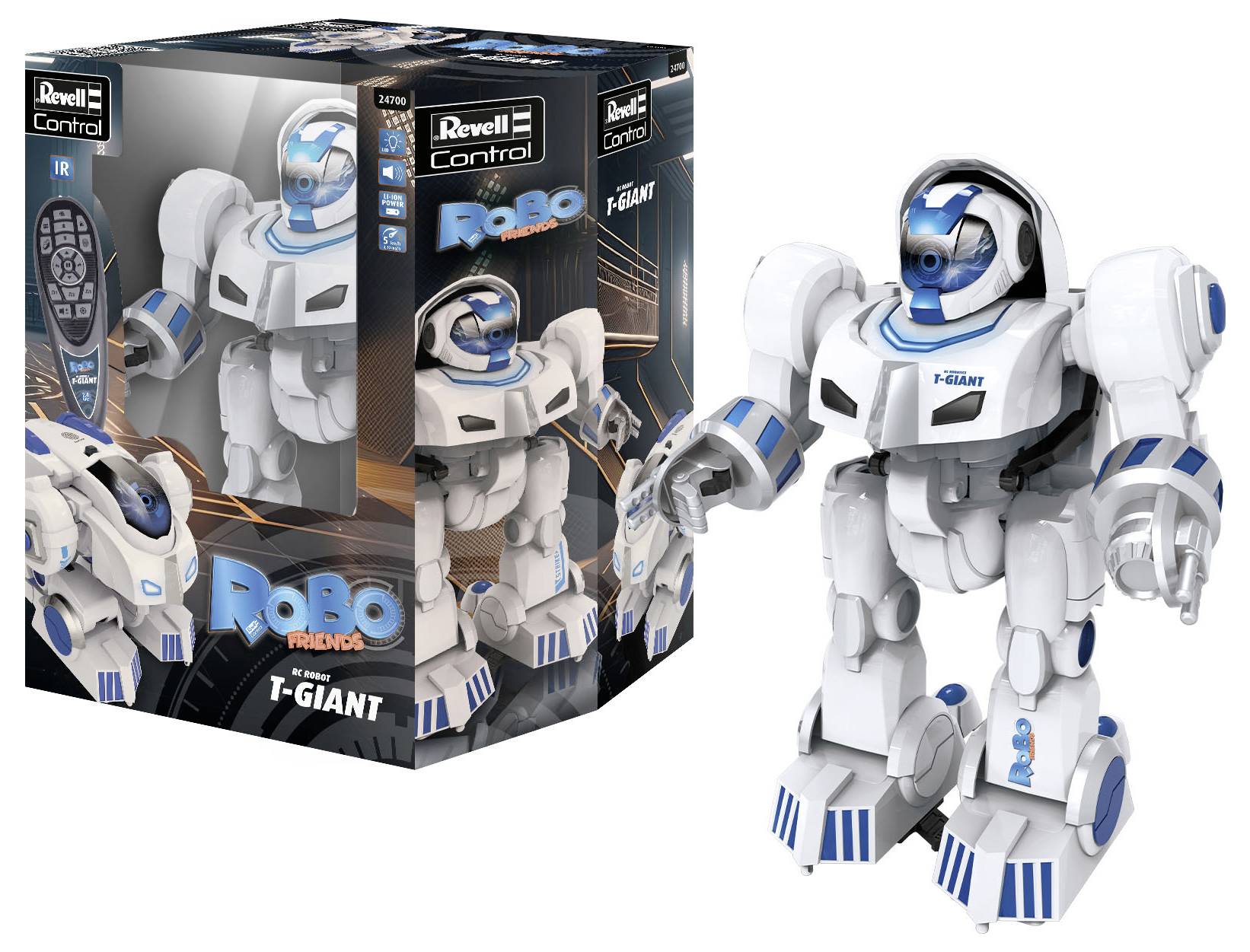 Hračkársky robot 'Robo Friends T-Giant' od Revell Control, navrhnutý v bielej a modrej farbe. Balenie zobrazuje dizajn robota a diaľkové ovládanie.