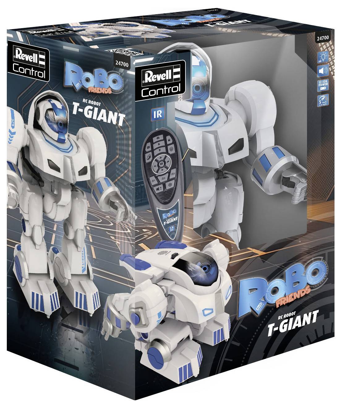 Obal hračky zobrazuje diaľkovo ovládaného robota menom 'T-Giant' od spoločnosti Revell Control, ktorý je vybavený diaľkovým ovládačom a modrým osvetlením.