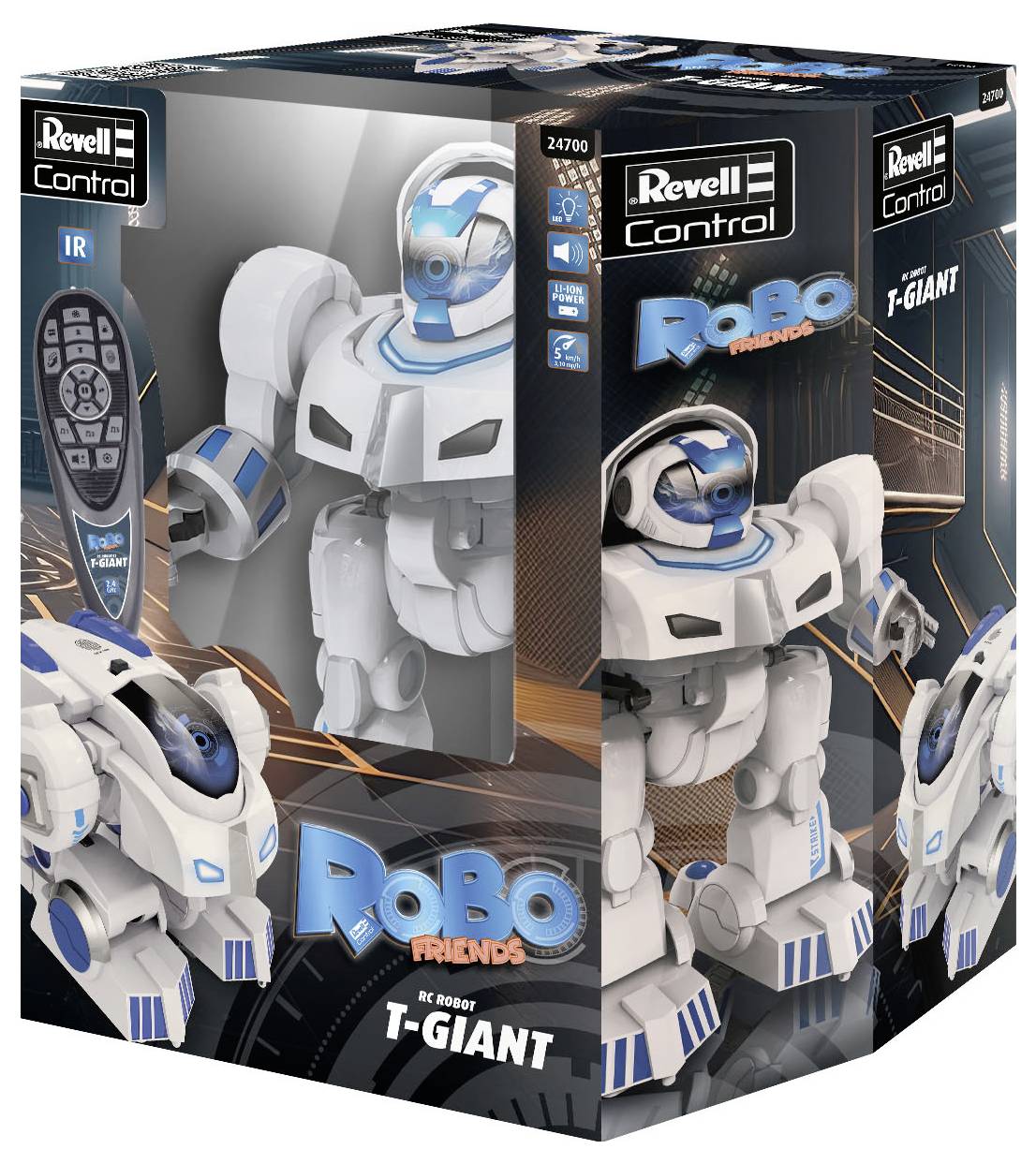Obal hračkárskeho robota Revell s názvom 'RC Robby T-Giant', ktorý zobrazuje robota a diaľkové ovládanie.