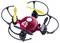 Malá červeno-čierna dron so štyrmi vrtuľami a ochrannými oblúkmi. Dva vrtuľové listy sú žlté. Na drone je napísané 'Mini Fly'.