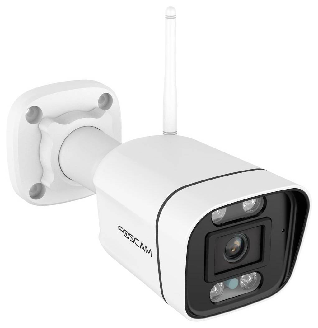 Obrázok zobrazuje bielu bezpečnostnú kameru s anténou, ktorá je pripevnená na držiaku na stene.