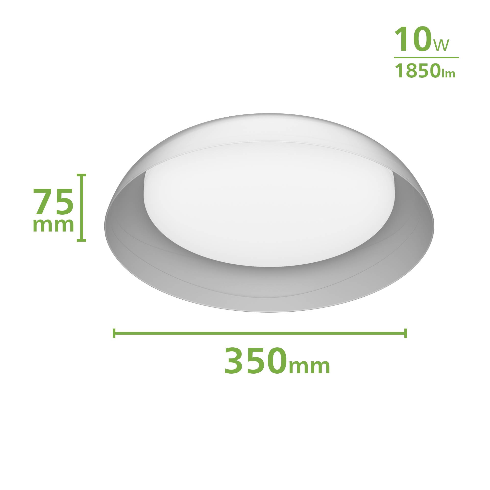 Okrúhle LED stropné svietidlo s rozmermi: priemer 350 mm, výška 75 mm, príkon 10 W, svietivosť 1850 lumenov.