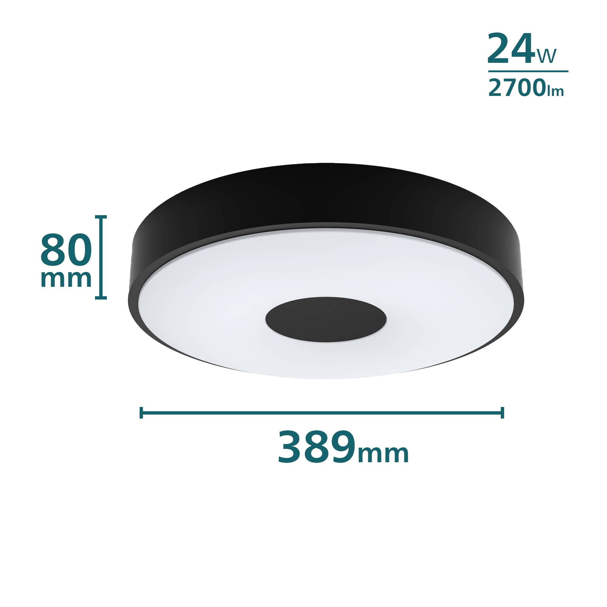 Stropná lampa s čiernym okrajom, priemer 389 mm, výška 80 mm. Výkon 24 W, svetelný tok 2700 lm.