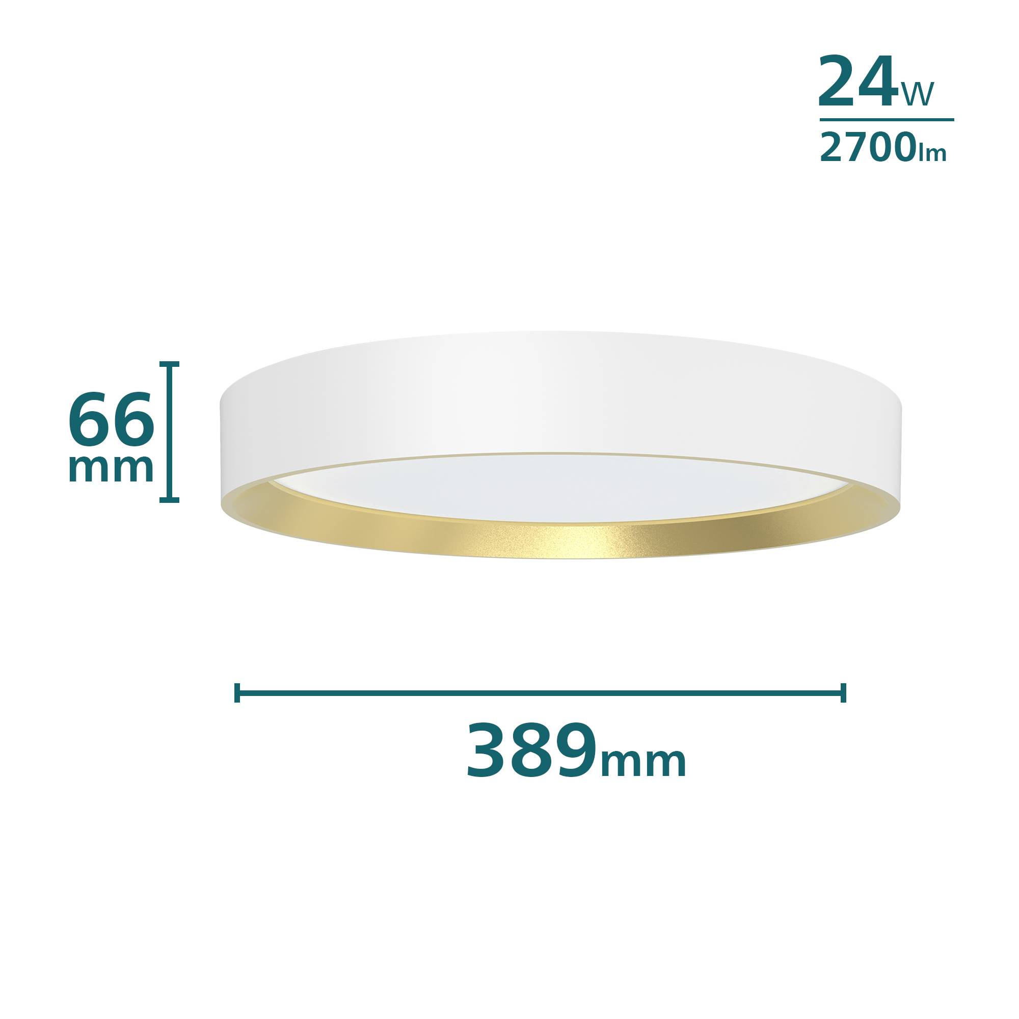 LED stropné svietidlo, okrúhly tvar, 24W, 2700 lúmenov, bielo-zlaté. Rozmery: priemer 389 mm, výška 66 mm.