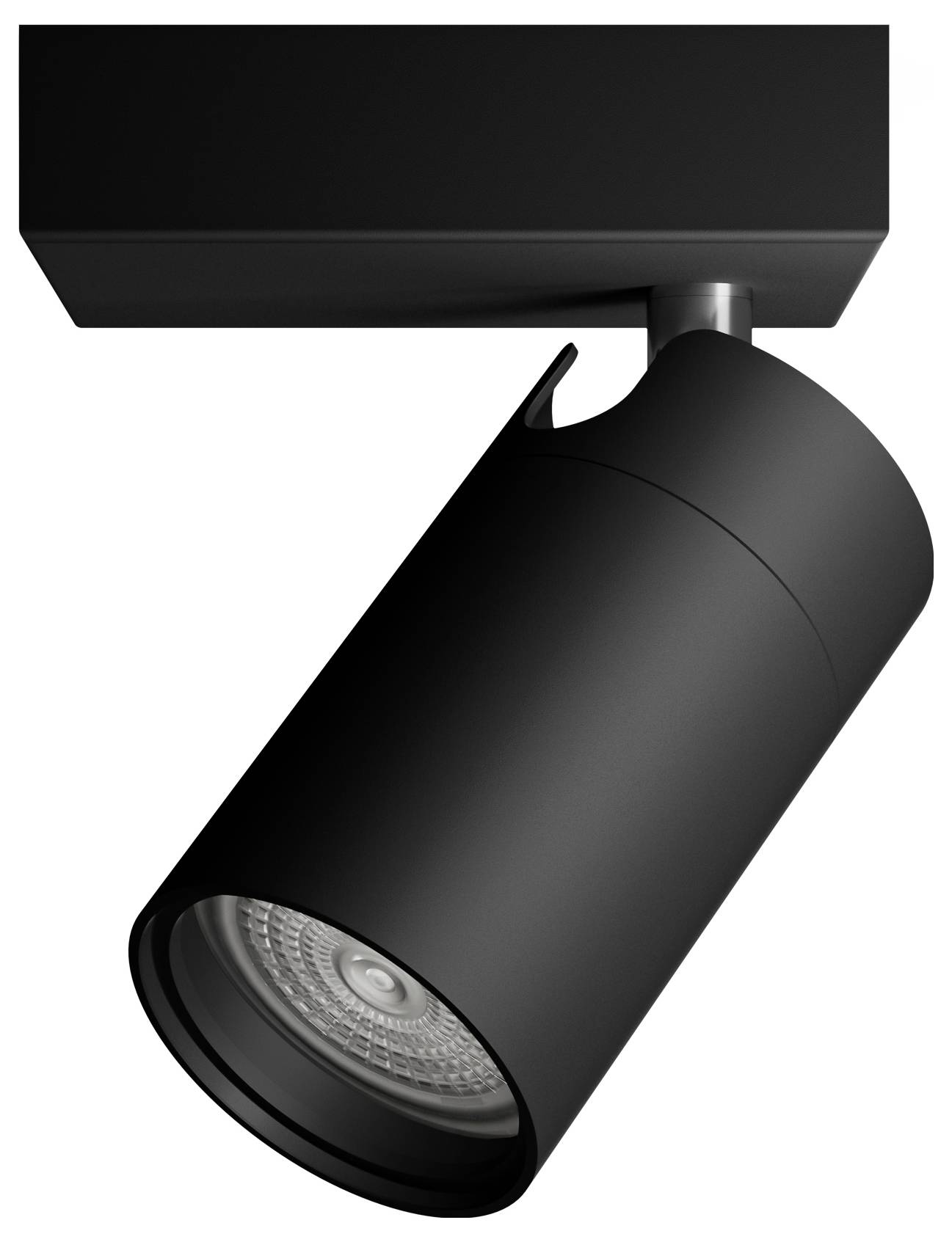 LED stropný reflektor v modernom, čiernom dizajne, namontovaný na štvorcovom podstavci; vhodný pre cielené osvetlenie.