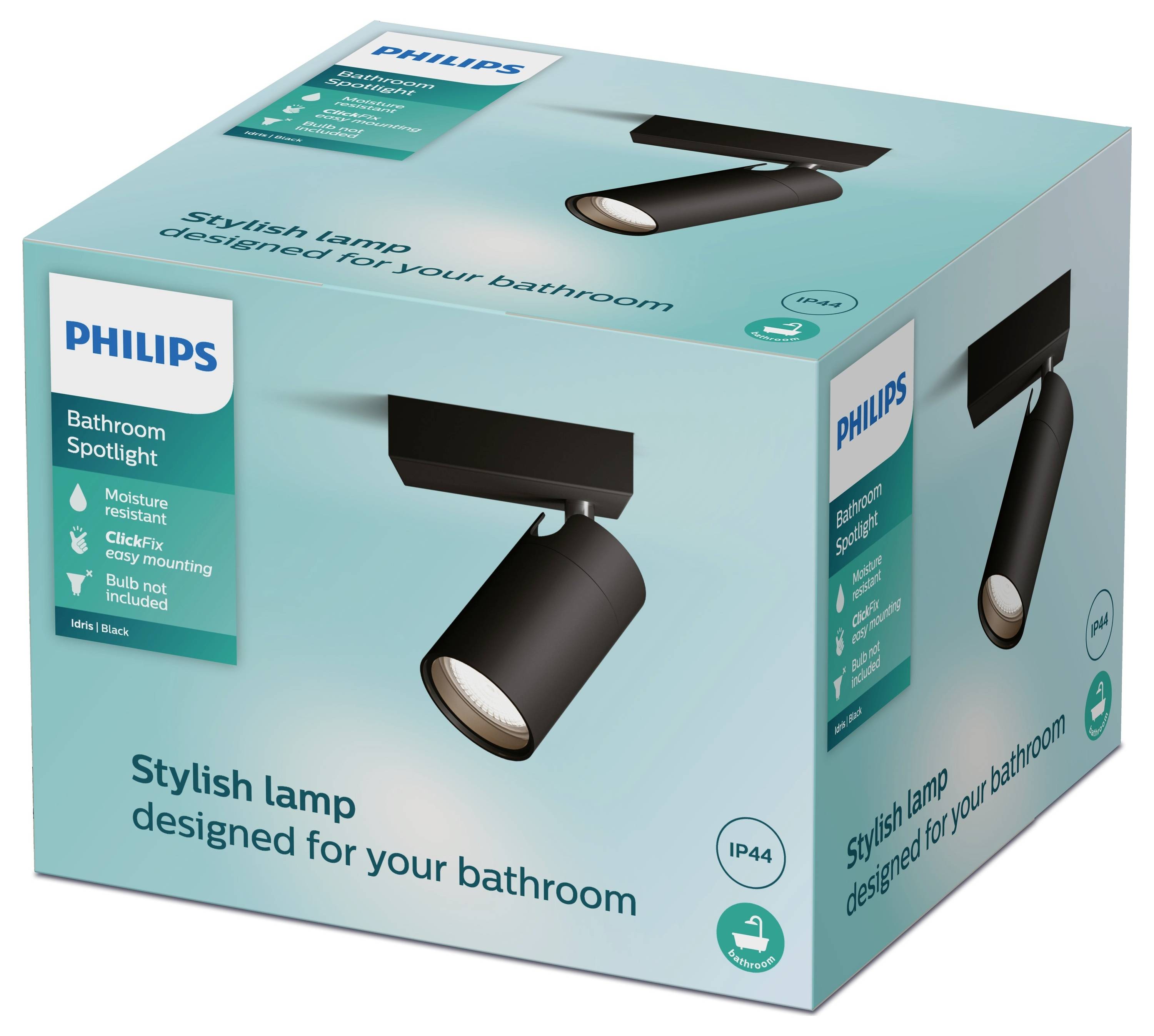 Škatuľa s čiernym kúpeľňovým reflektorom značky Philips. Text na obale: 'Štýlová lampa navrhnutá pre vaše kúpeľne'. Odolná proti vlhkosti IP44.
