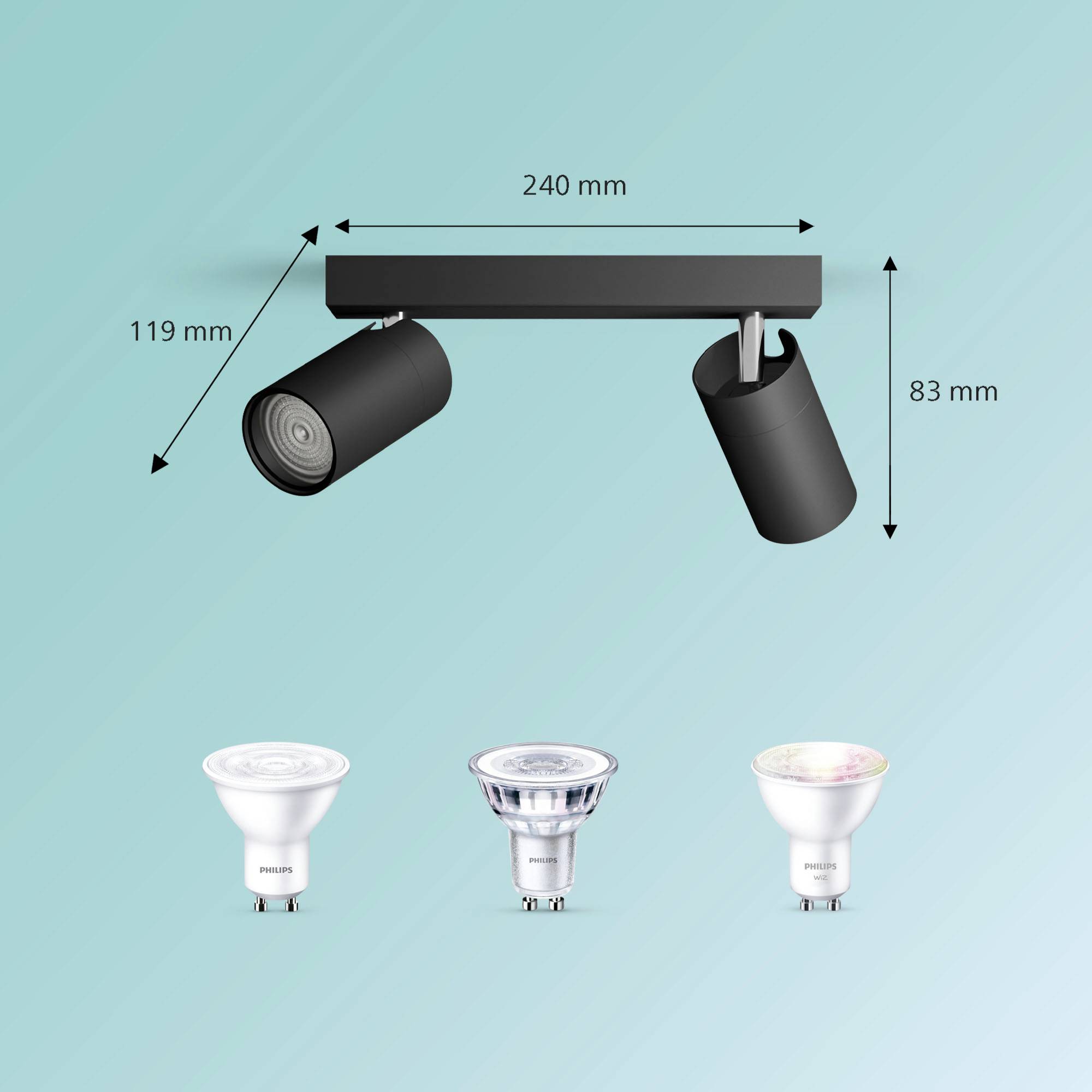 Dve čierne, otočné LED stropné svietidlá s rozmermi 240 mm x 119 mm x 83 mm, pod nimi tri rôzne LED žiarovky.