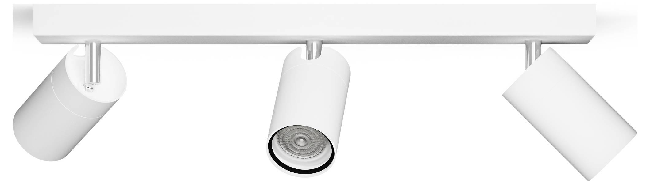 Biela stropná bodová lampa s tromi nastaviteľnými cylindrickými reflektormi namontovanými na priamej koľajničke.
