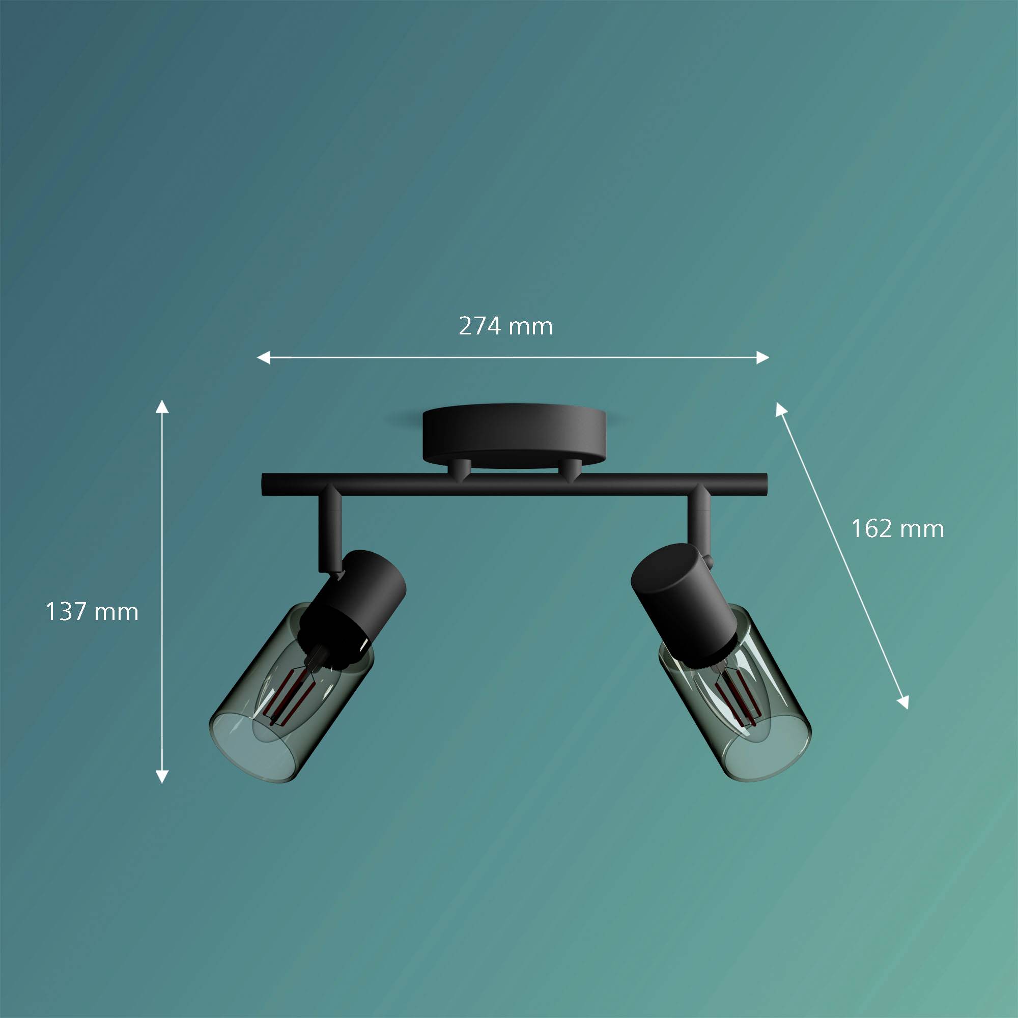 Dvojsvetlová čierna stropná lampa s pohyblivými bodovkami, ktorej rozmery sú: šírka 274 mm, výška 137 mm, dĺžka bodovky 162 mm.