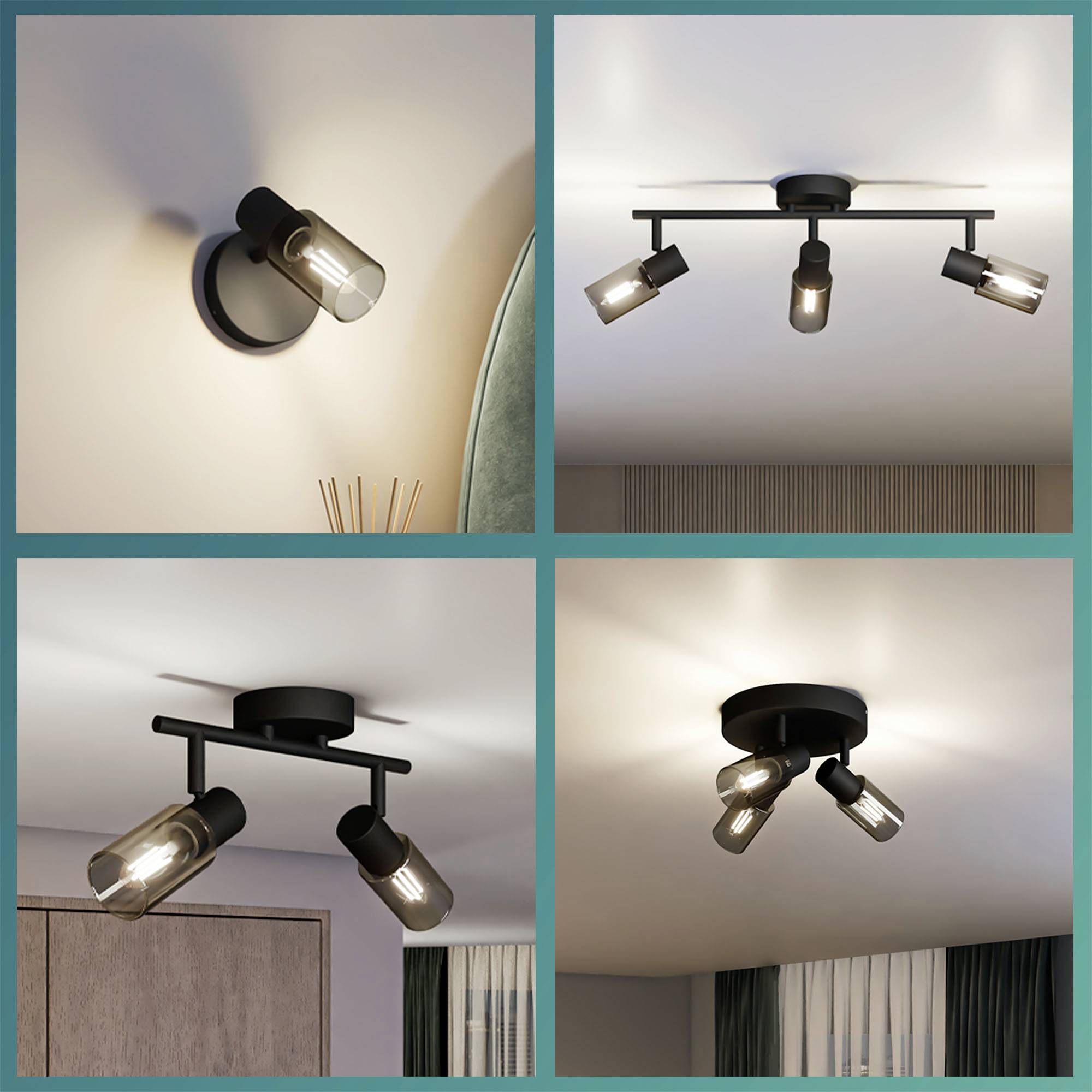Štyri obrázky rôznych čiernych stropných reflektorov s valcovitými svietidlami, ktoré vrhajú svetlo na steny a stropy.