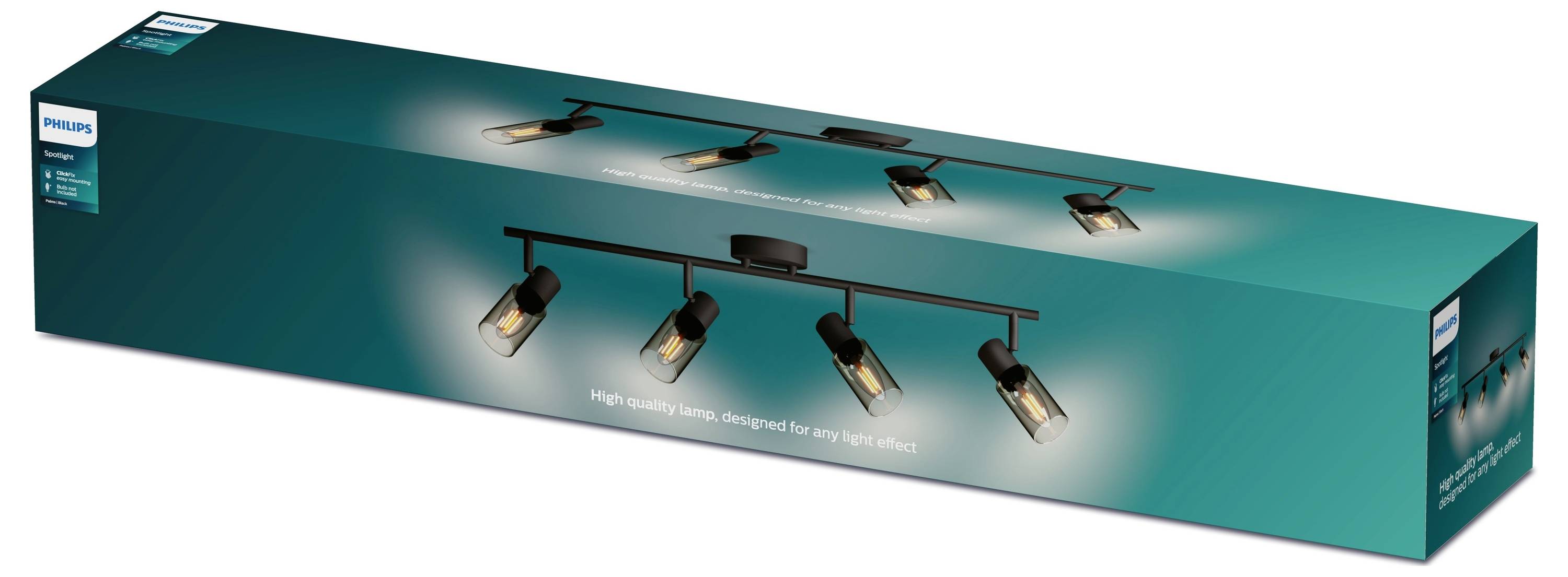 Balenie stropnej lampy Philips so štyrmi čiernymi nastaviteľnými bodovými svetlami. Prémiové vnútorné osvetlenie.