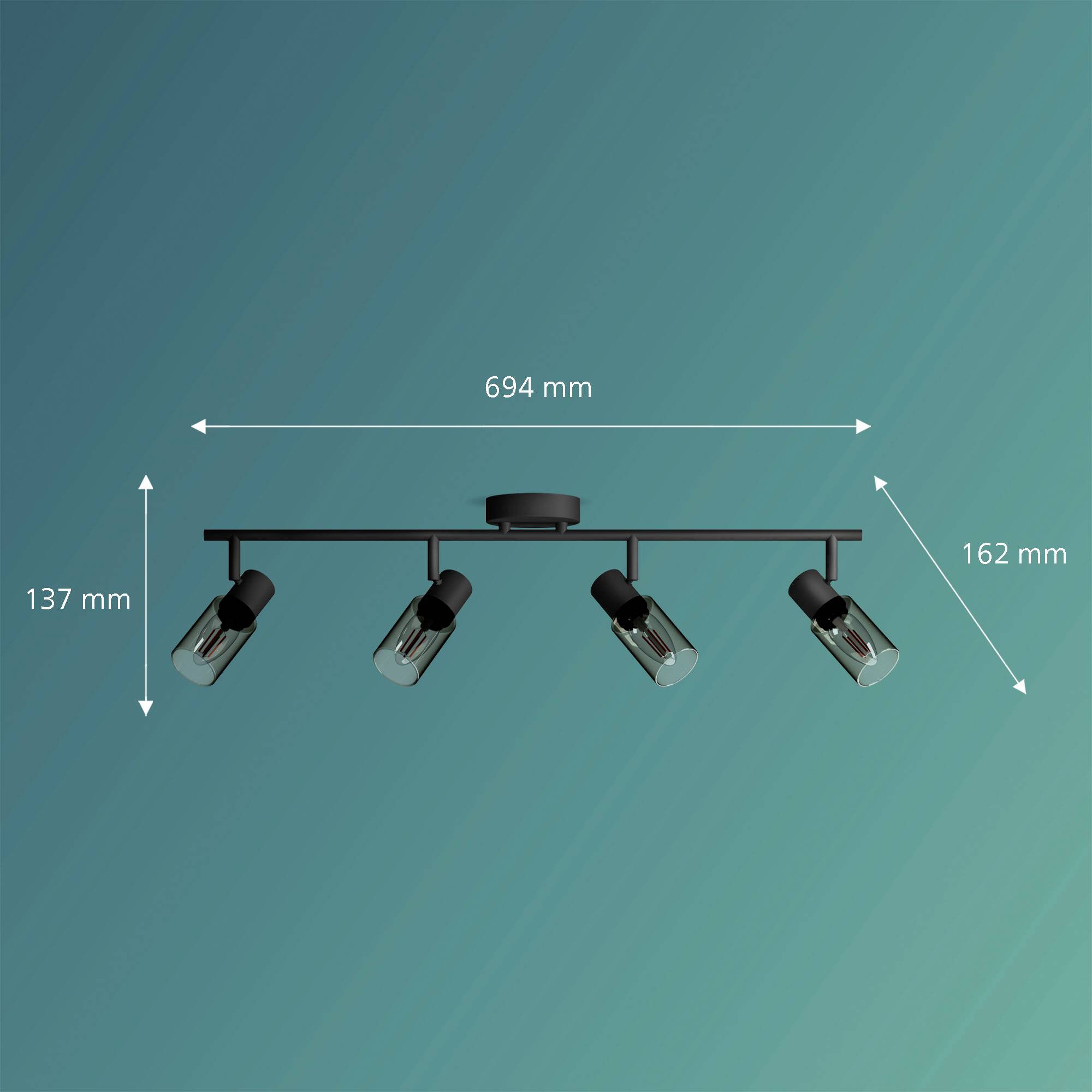 Čierna svetelná lišta so štyrmi nastaviteľnými reflektormi, celková šírka 694 mm, výška 162 mm, dĺžka reflektora 137 mm, pred modrozeladeným pozadím.