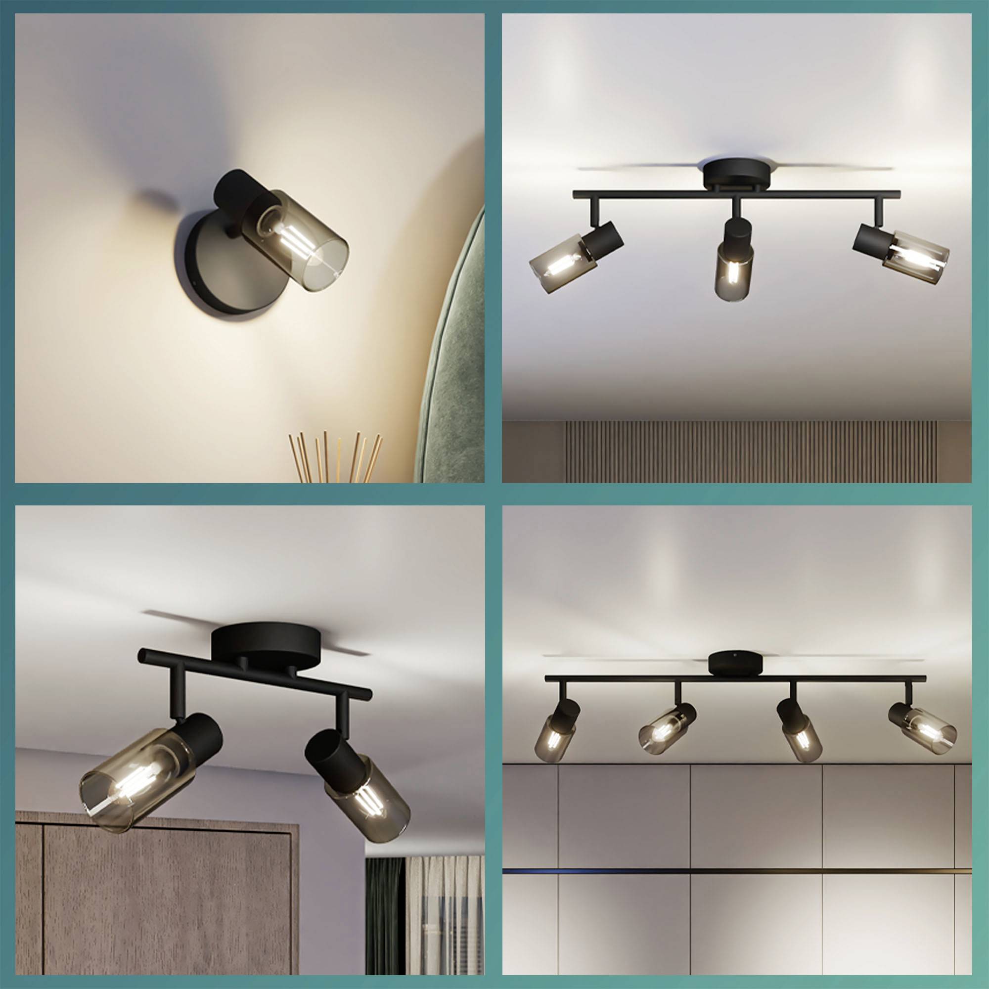 Štyri obrázky ukazujú rôzne čierne stropné svietidlá, každé s tromi žiarovkami, ktoré osvetľujú moderné interiéry.