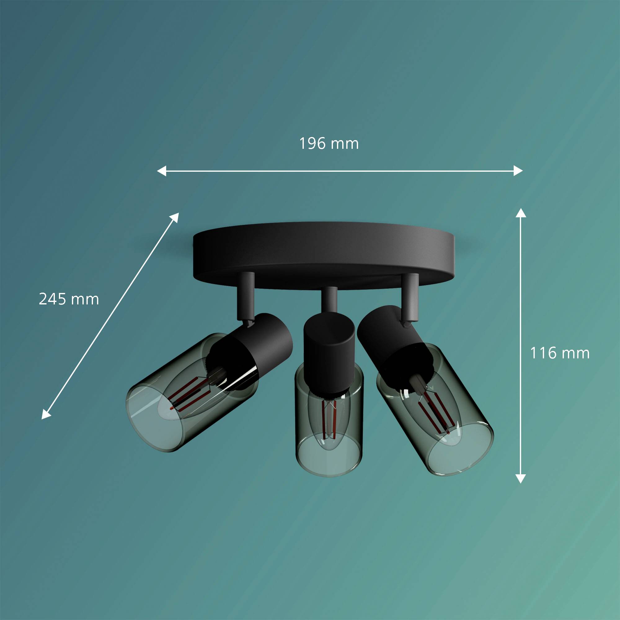 Trojitá stropná lampa v čiernom prevedení s tromi nastaviteľnými hlavicami. Rozmery: 196 mm šírka x 245 mm výška x 116 mm hĺbka.