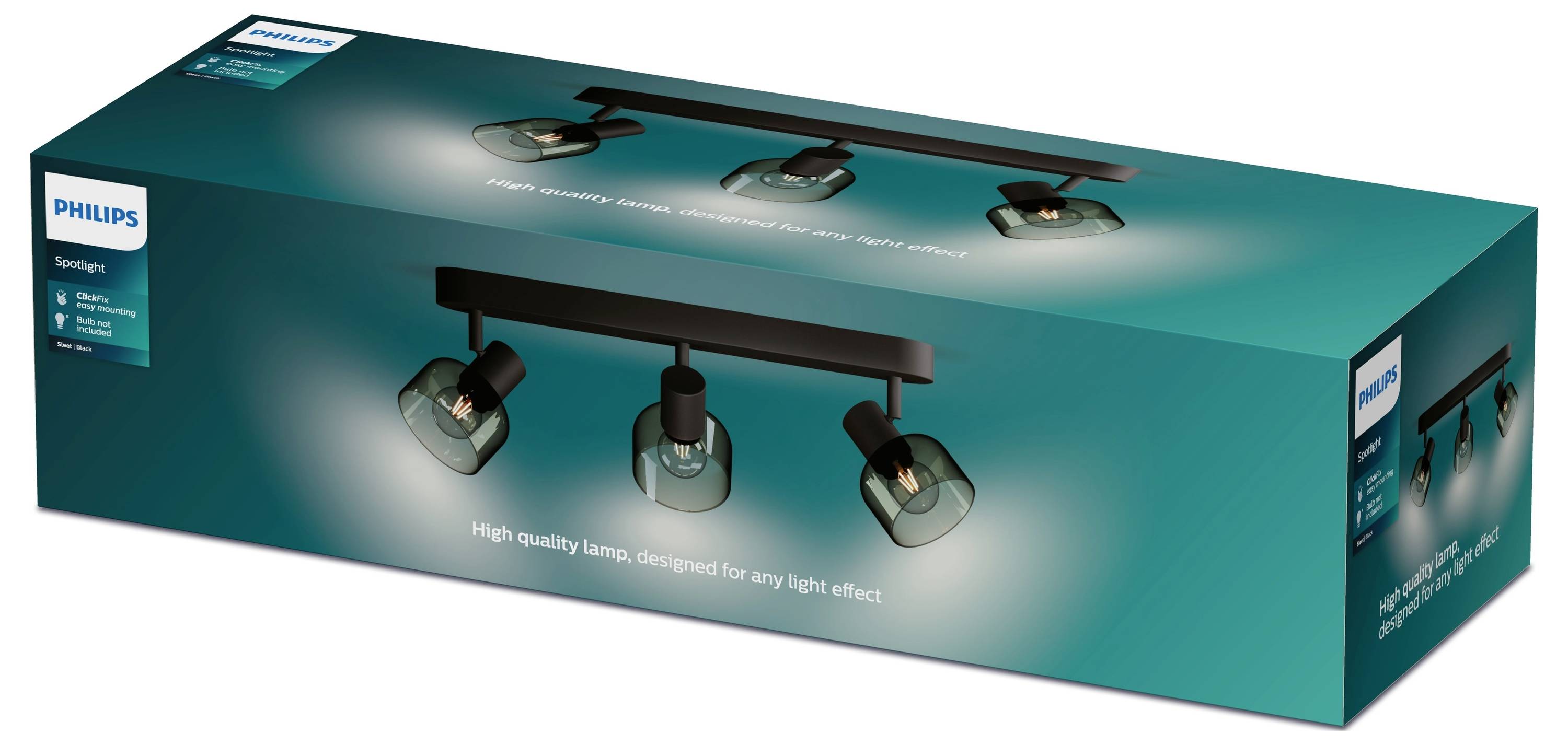 Obal Philips stropnej lampy s tromi čiernymi bodovými svetlami. Text: 'Vysokokvalitná lampa navrhnutá pre každý svetelný efekt'.