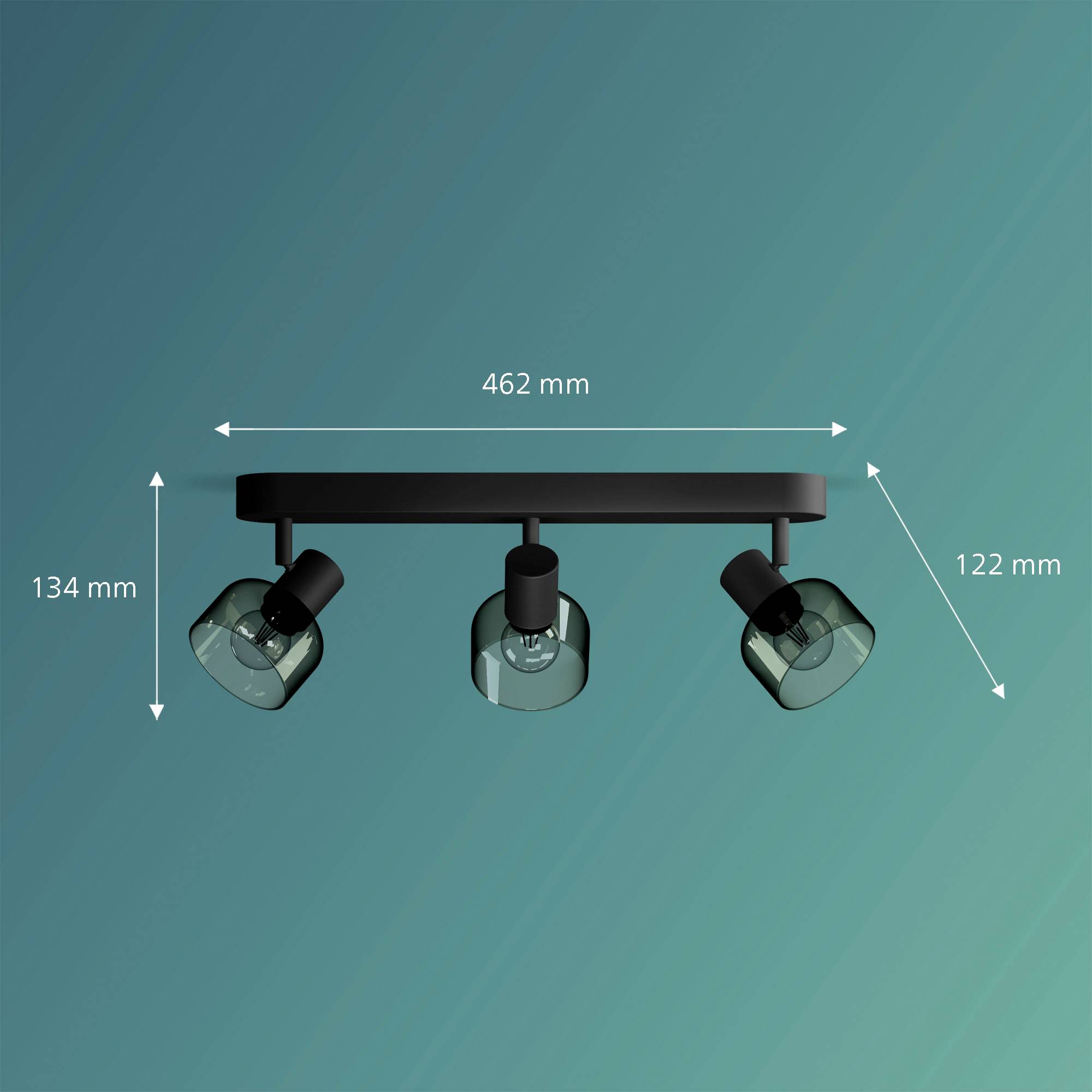 Tri čierne, nastaviteľné stropné svetlá so sklenenými krytmi. Rozmery: šírka 462 mm, výška 134 mm, dĺžka 122 mm. Pozadie: tyrkysové.