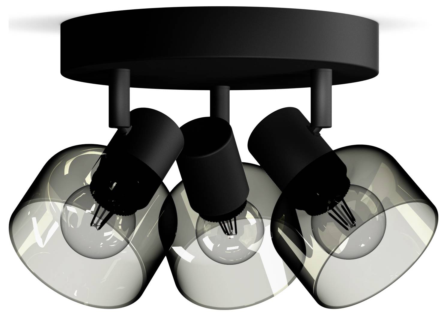 Trojramenná stropná lampa s čiernymi objímkami a priehľadnými, jemne tónovanými sklenenými tienidlami.