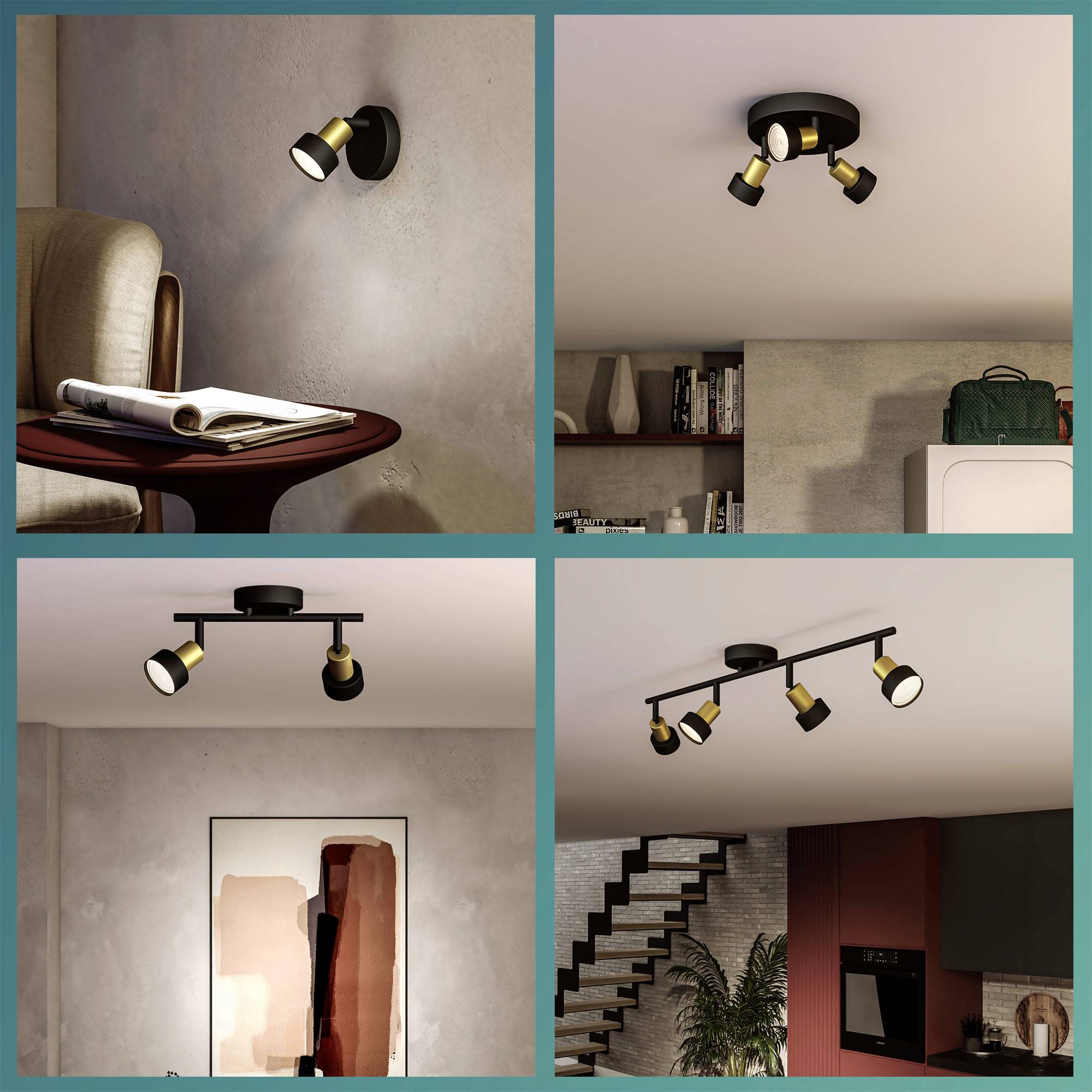 Koláž štyroch obrázkov zobrazuje rôzne dizajny stropných svietidiel v moderných obytných priestoroch s betónovými stenami a minimalistickým zariadením.