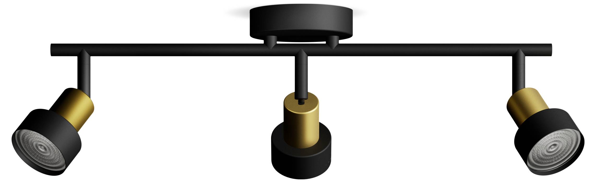 Trojitý čierny stropný reflektor so nastaviteľnými zlatými svetlami, ktoré možno nasmerovať na rôzne oblasti.