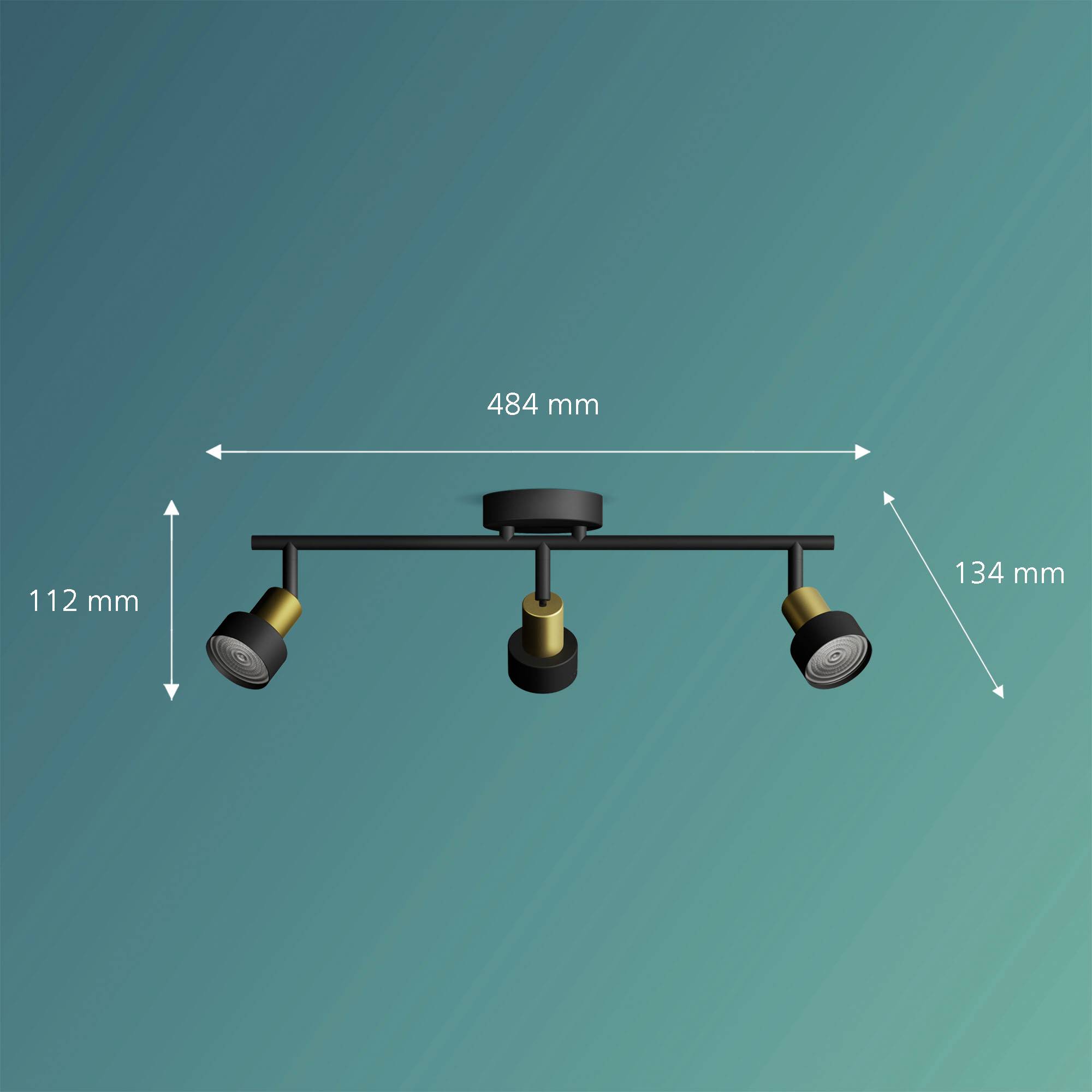 Čierno-zlaté stropné svietidlo s troma nastaviteľnými svetlometmi. Rozmery: šírka 484 mm, výška 112 mm, dĺžka svetlometu 134 mm.