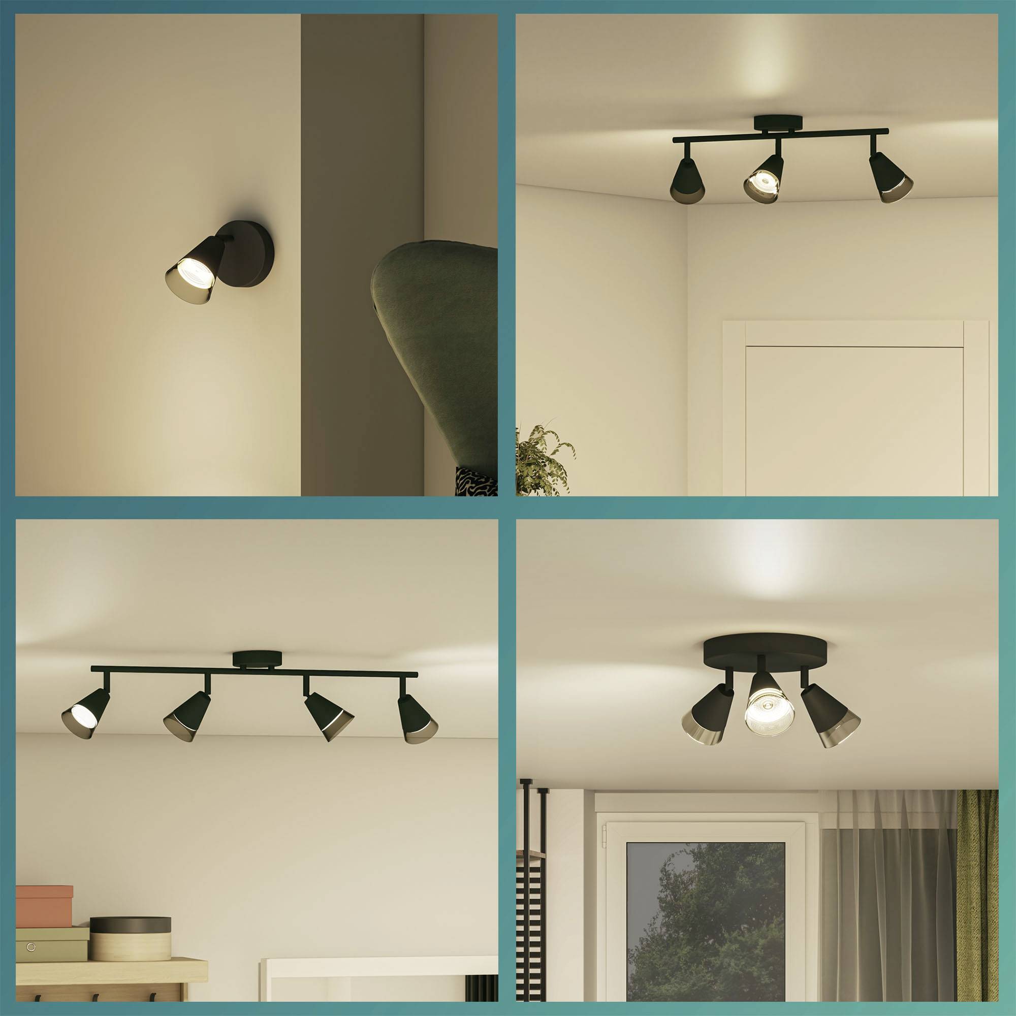 Štyri obrázky stropných svietidiel v obytnom priestore, ktoré prezentujú rôzne dizajny a smerové osvetlenie.