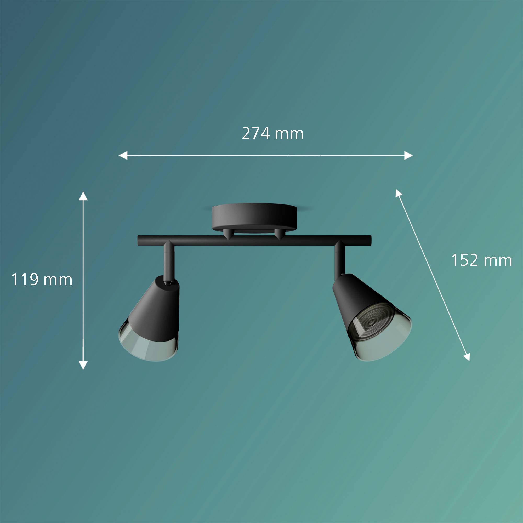 Dvojplameňová čierna stropná lampa s priemerom 274 mm a výškou 119 mm. Uhol osvetlenia nastavený v 152 mm.