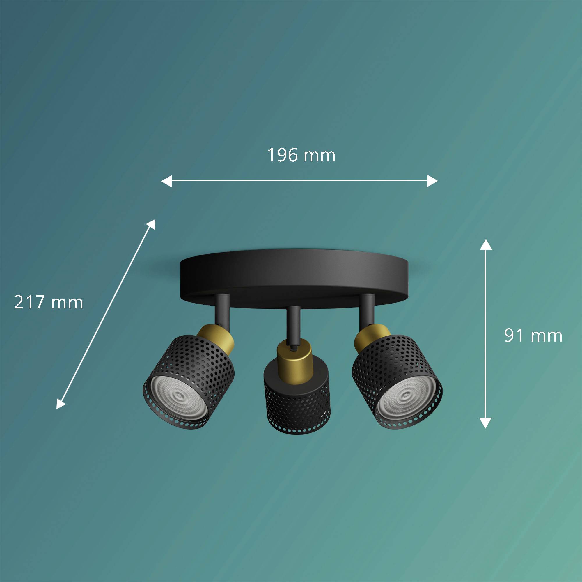 'Stropné svietidlo s tromi nastaviteľnými bodovými svetlami. Celková dĺžka: 217 mm, šírka: 196 mm, výška: 91 mm.'