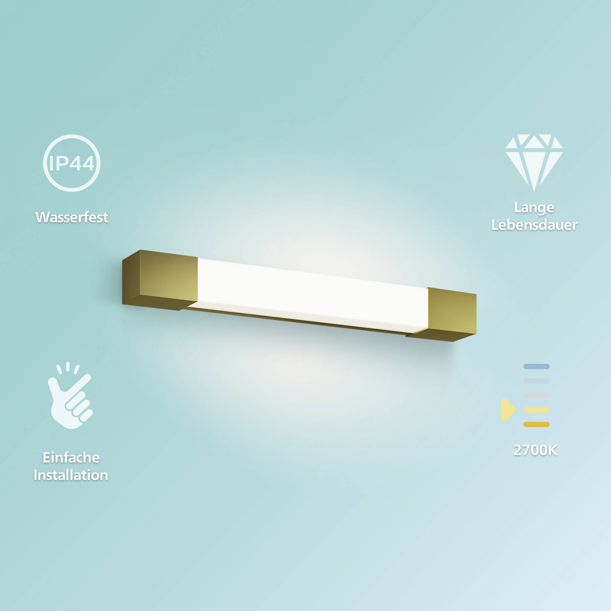 LED nástenná lampa s obdĺžnikovým dizajnom, zlatými akcentmi a bielym svetlom. Vlastnosti: IP44 vodotesná, jednoduchá inštalácia, dlhá životnosť, farba svetla 2700K.