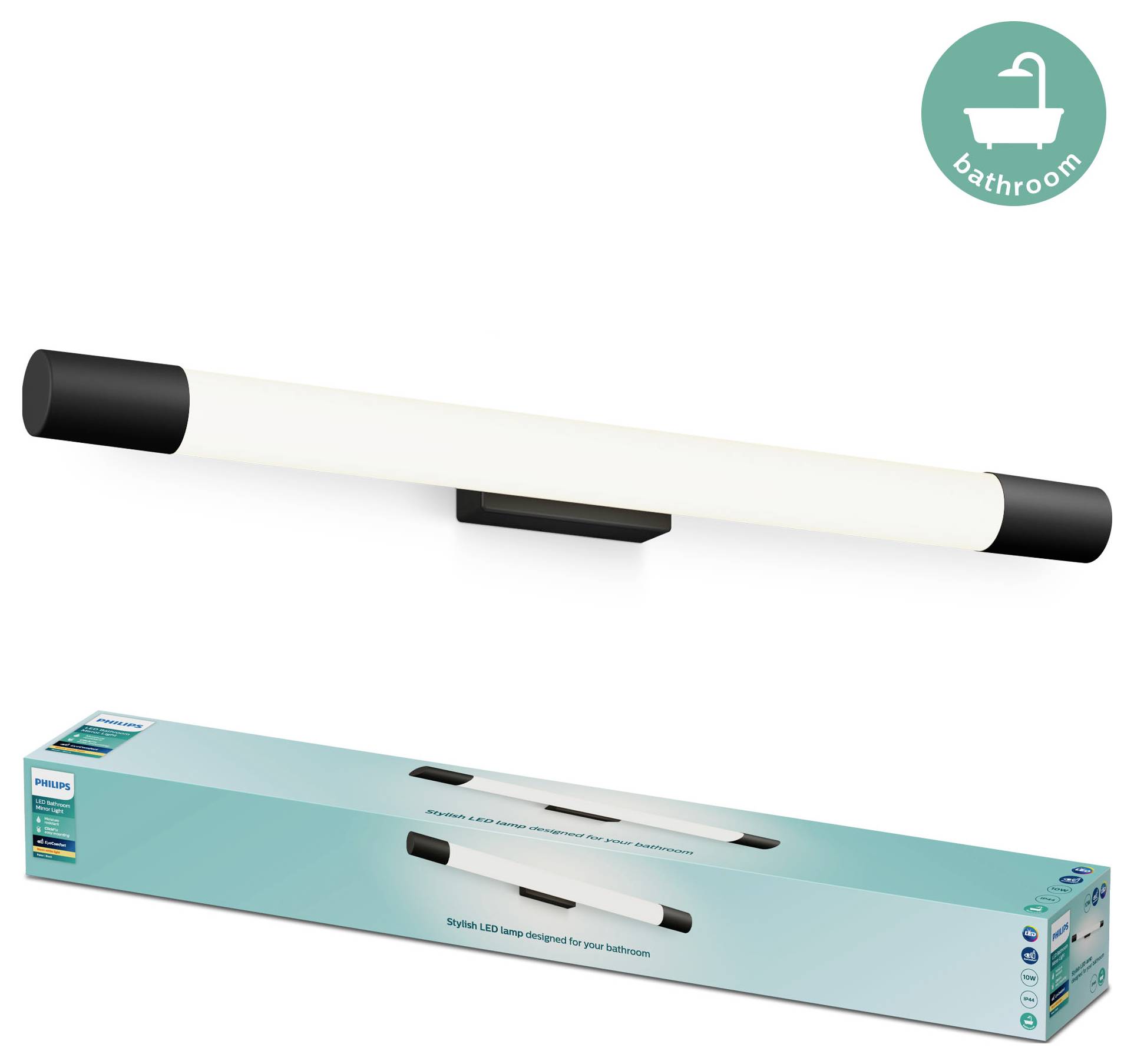 LED stenová lampa v modernom dizajne s čiernou základňou. Balenie zobrazuje produkt a zdôrazňuje vhodnosť do kúpeľne.