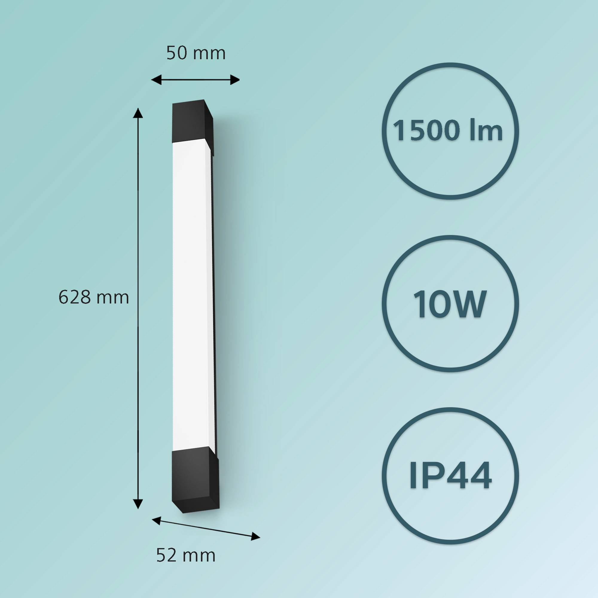Obdĺžnikový biely stenový žiarič s čiernymi koncami, 50 x 628 mm. Vedľa: '1500 lm', '10W', 'IP44'.