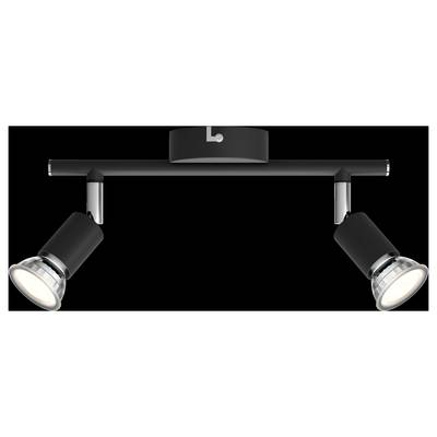 Čierne stropné bodové svetlo s dvoma nastaviteľnými lampami, ktoré svietia rôznymi smermi. Minimalistický dizajn.
